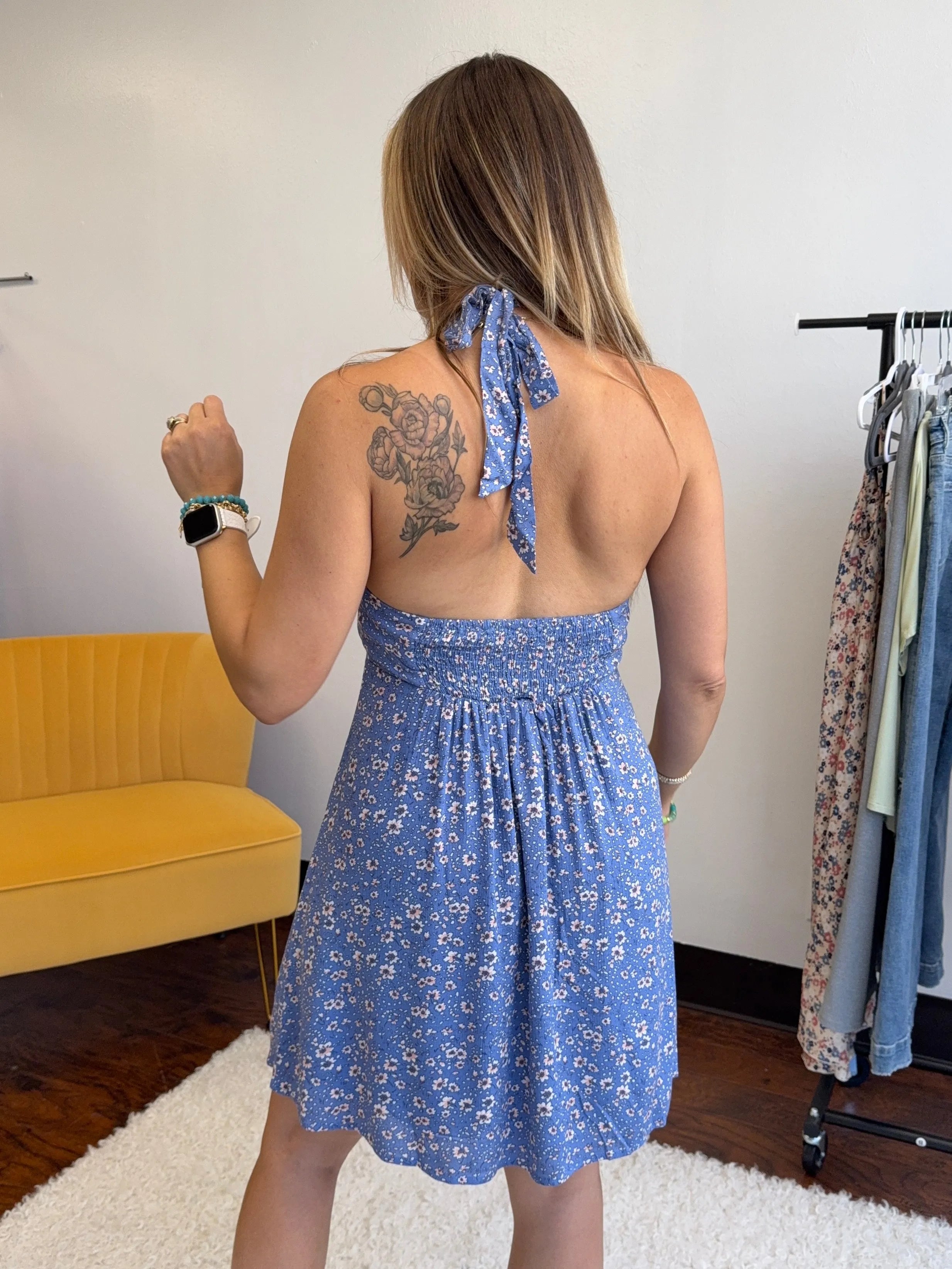 Sun-Kissed Ditsy Floral Halter Blue Mini Sundress-Women's Dresses-Shop Z & Joxa