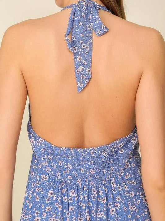 Sun-Kissed Ditsy Floral Halter Blue Mini Sundress-Women's Dresses-Shop Z & Joxa