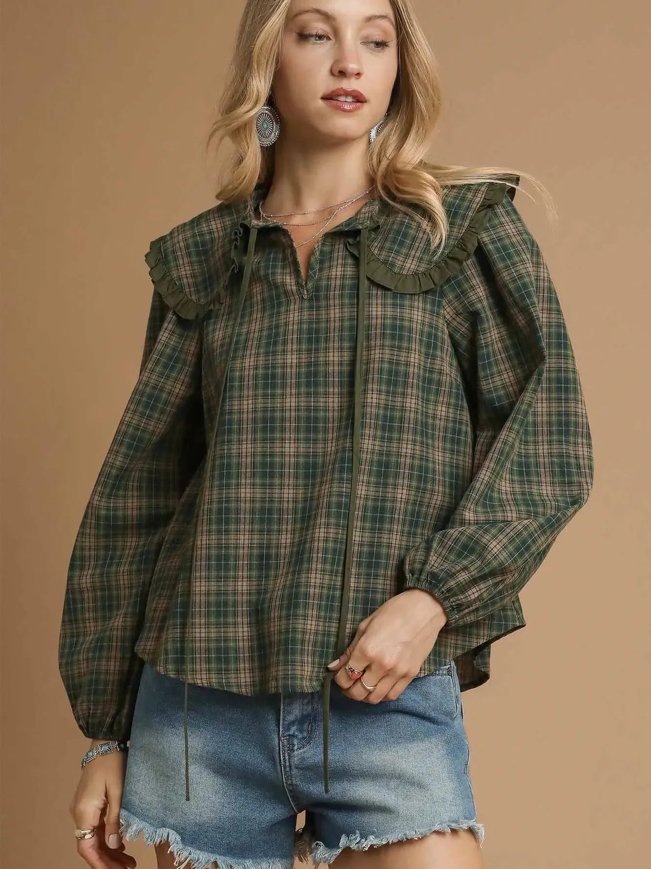 Sweet Ruffle Days Green Plaid Long Sleeve Blouse by Umgee-Women's Shirts & Tops-Shop Z & Joxa