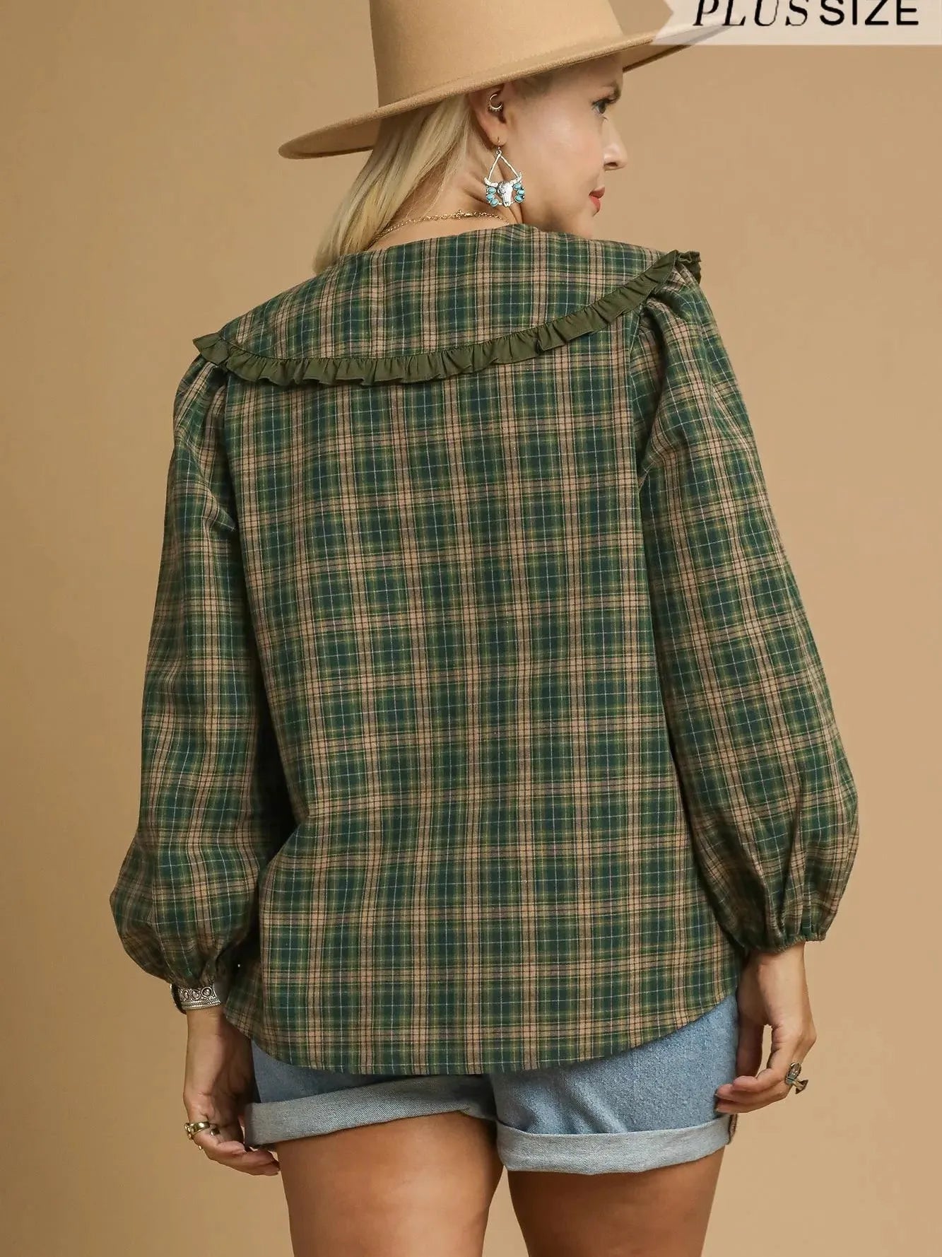 Sweet Ruffle Days Green Plaid Long Sleeve Blouse by Umgee-Women's Shirts & Tops-Shop Z & Joxa