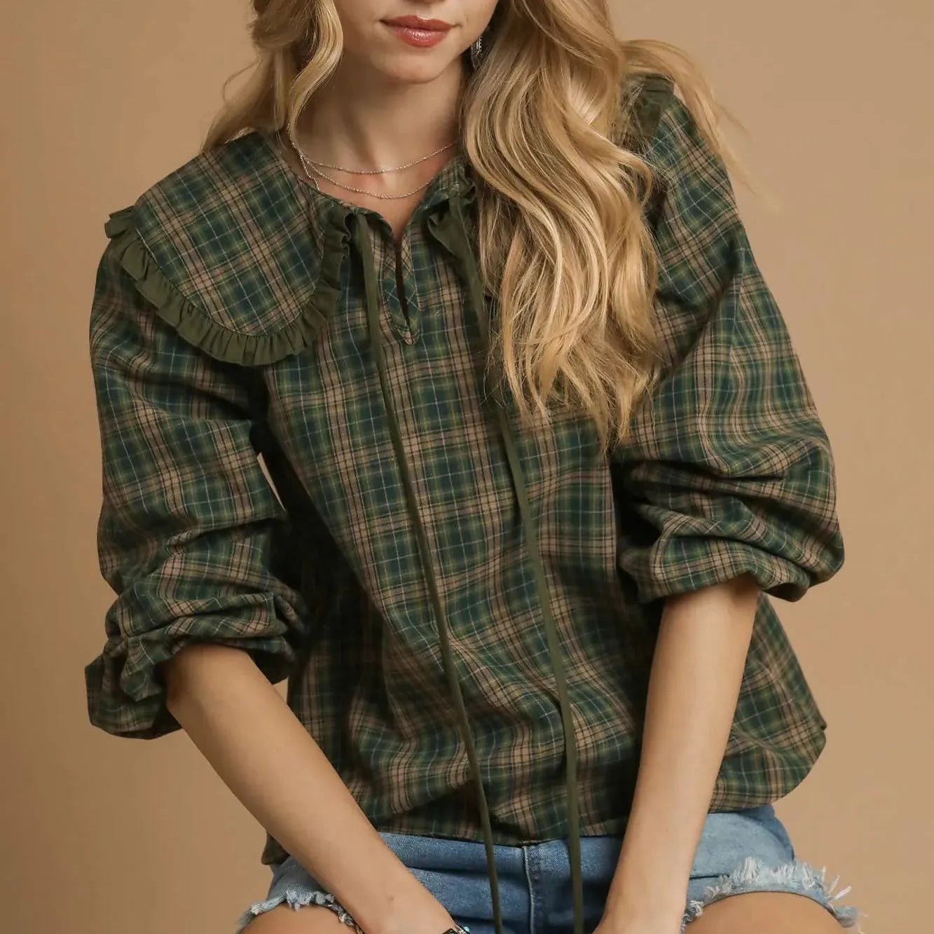 Sweet Ruffle Days Green Plaid Long Sleeve Blouse by Umgee-Women's Shirts & Tops-Shop Z & Joxa