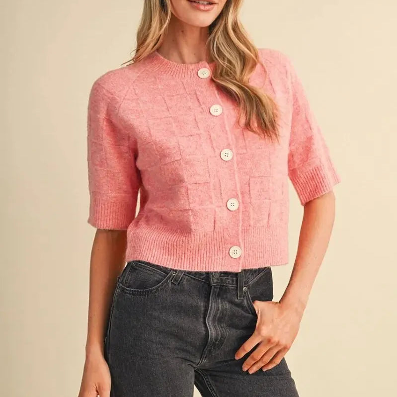 Sweet on You Pink Basket Weave Short Sleeve Cardigan-Women's Shirts & Tops-Shop Z & Joxa
