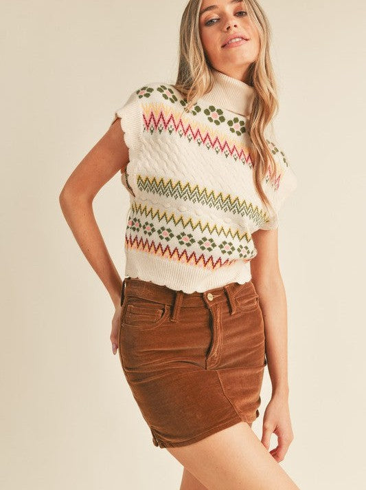 Take Me Back Floral Turtleneck Sweater Vest Top-Women's Shirts & Tops-Shop Z & Joxa