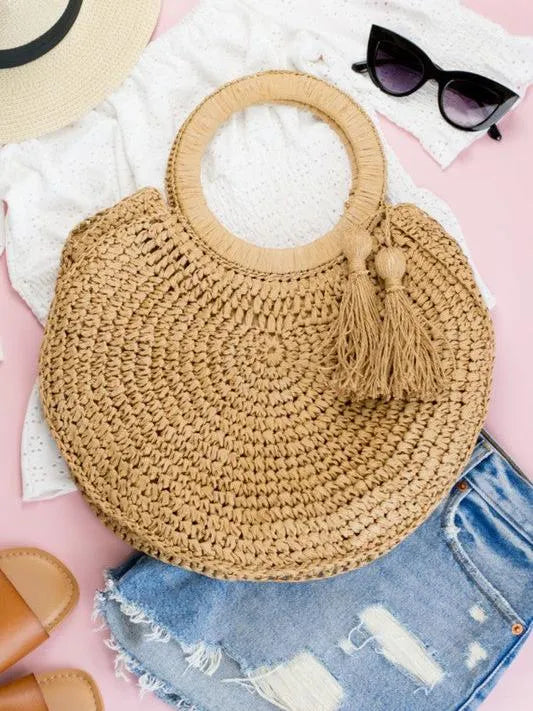 Tassel Tides O-Ring Lightweight Woven Straw Tote-Women's Accessories-Shop Z & Joxa