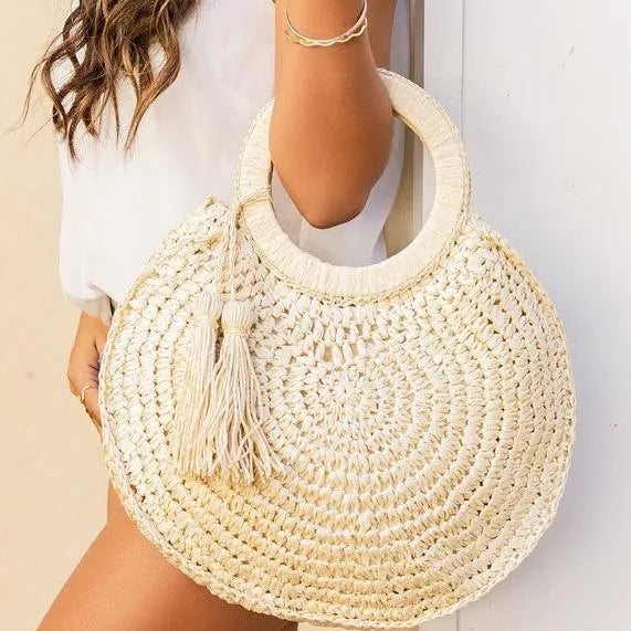 Tassel Tides O-Ring Lightweight Woven Straw Tote-Women's Accessories-Shop Z & Joxa