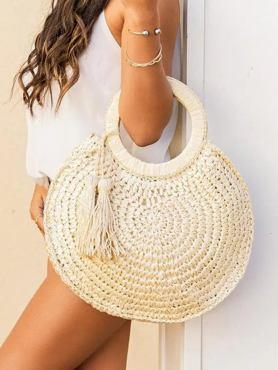 Tassel Tides O-Ring Lightweight Woven Straw Tote-Women's Accessories-Shop Z & Joxa