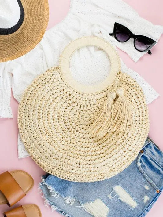 Tassel Tides O-Ring Lightweight Woven Straw Tote-Women's Accessories-Shop Z & Joxa