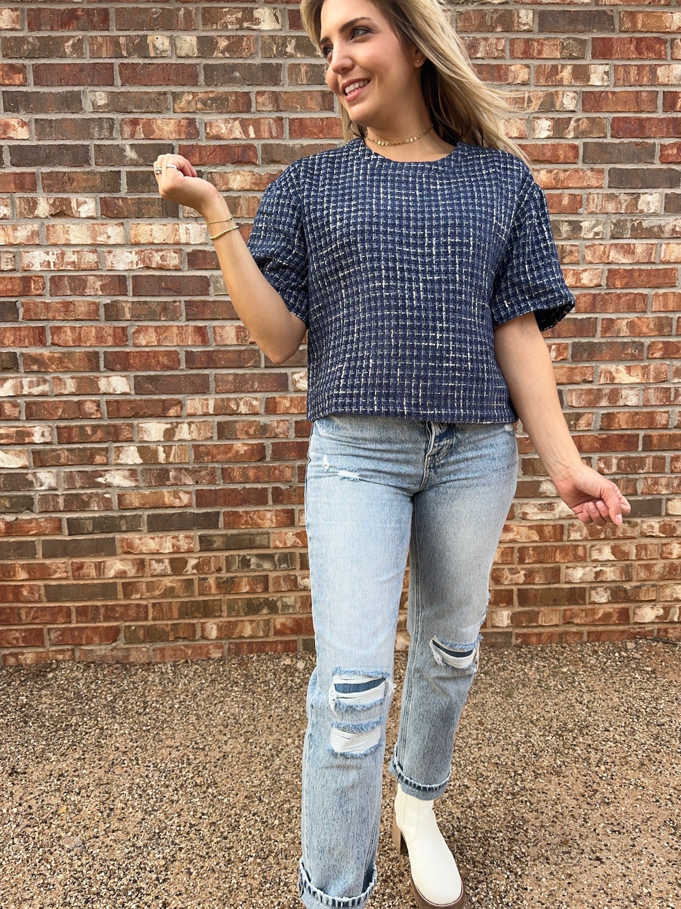Timeless Fashion Boxy Boucle Top in Navy Blue-Women's Shirts & Tops-Shop Z & Joxa
