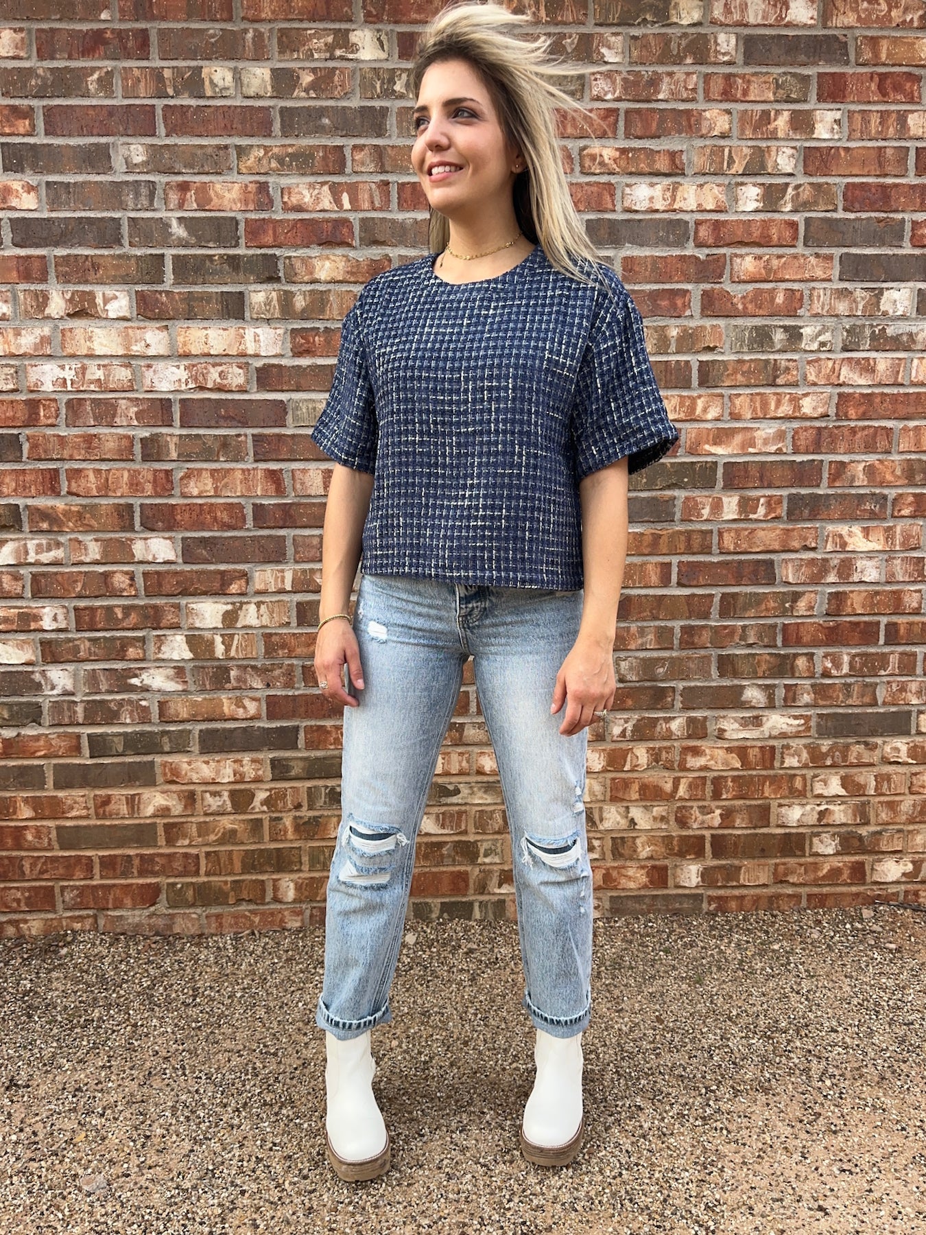 Timeless Fashion Boxy Boucle Top in Navy Blue-Women's Shirts & Tops-Shop Z & Joxa
