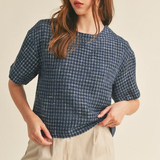 Timeless Fashion Boxy Boucle Top in Navy Blue-Women's Shirts & Tops-Shop Z & Joxa