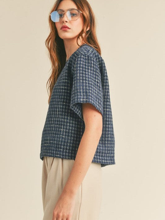 Timeless Fashion Boxy Boucle Top in Navy Blue-Women's Shirts & Tops-Shop Z & Joxa