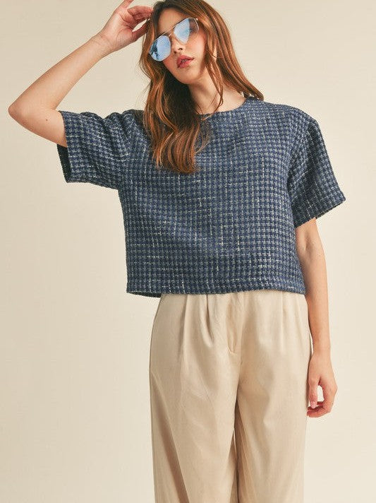 Timeless Fashion Boxy Boucle Top in Navy Blue-Women's Shirts & Tops-Shop Z & Joxa