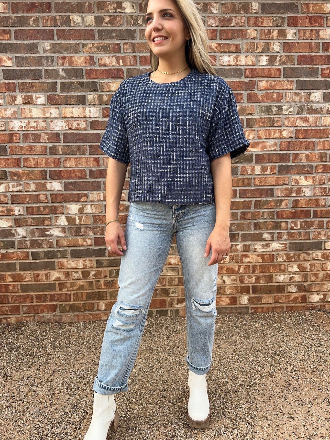 Timeless Fashion Boxy Boucle Top in Navy Blue-Women's Shirts & Tops-Shop Z & Joxa