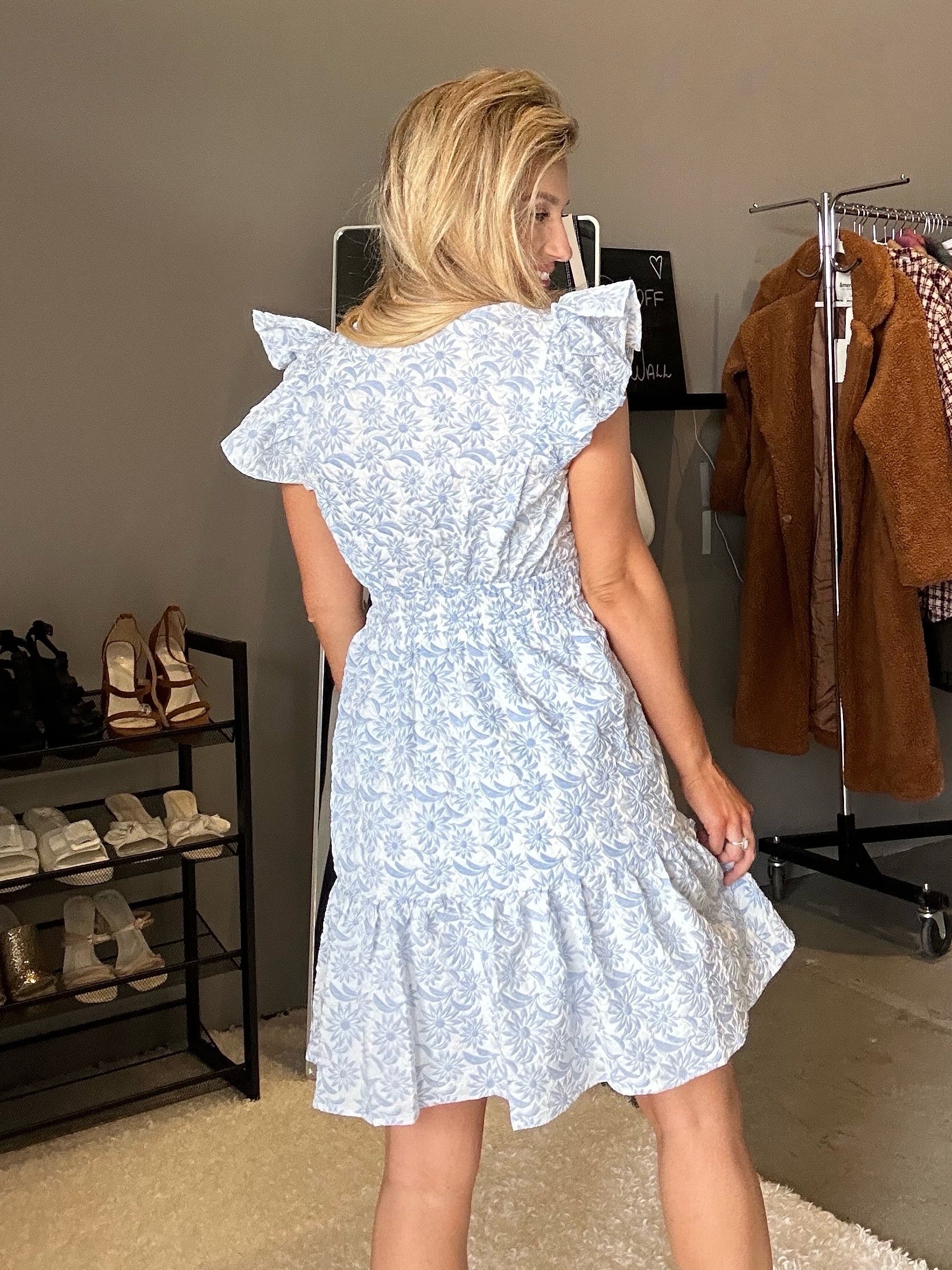 Trust the Timing Butterfly Sleeve Jacquard Ruffled Mini Dress-Women's Clothing-Shop Z & Joxa