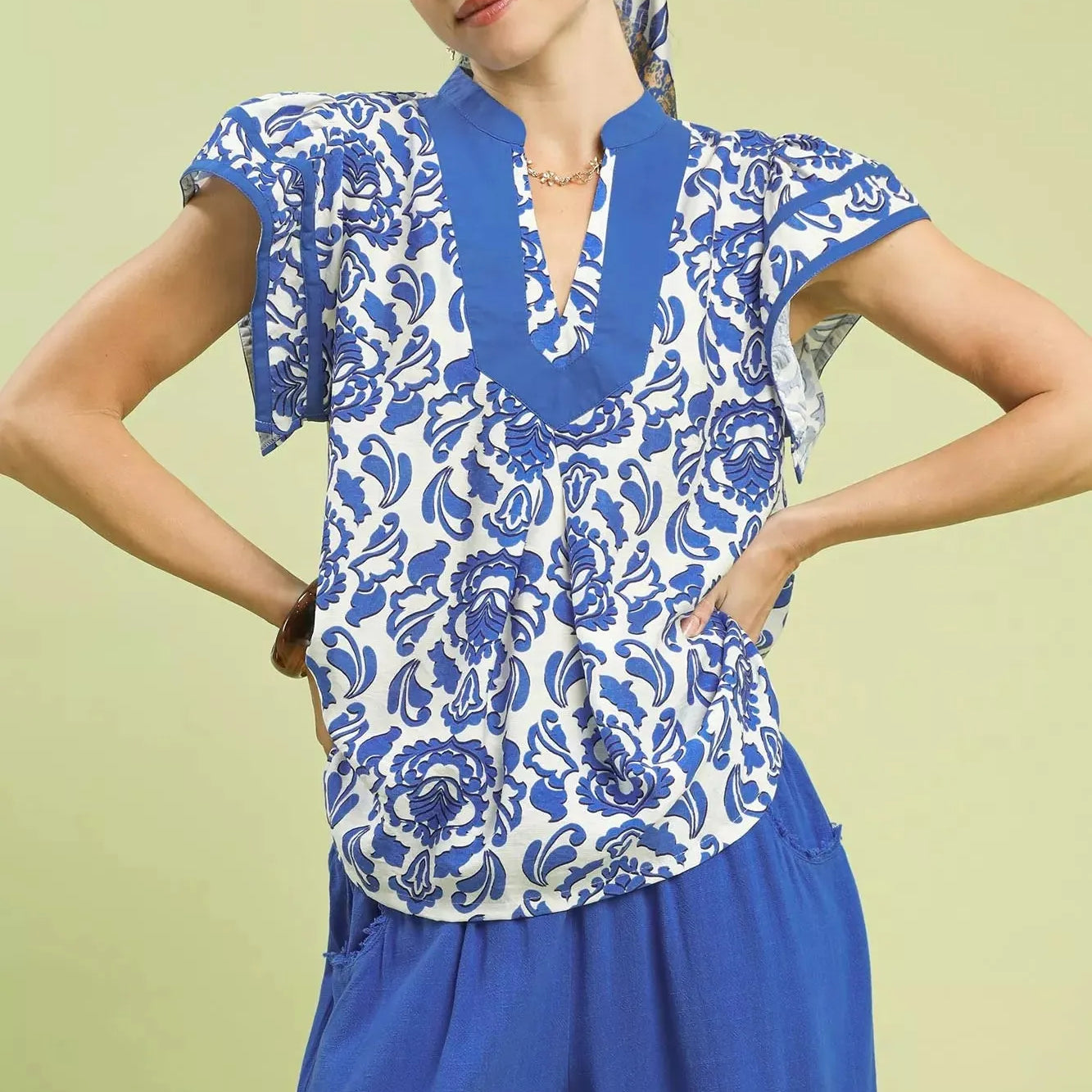Umgee Abstract Petalwave Ruffle Sleeve Floral Blouse in Blue-Women's Shirts & Tops-Shop Z & Joxa