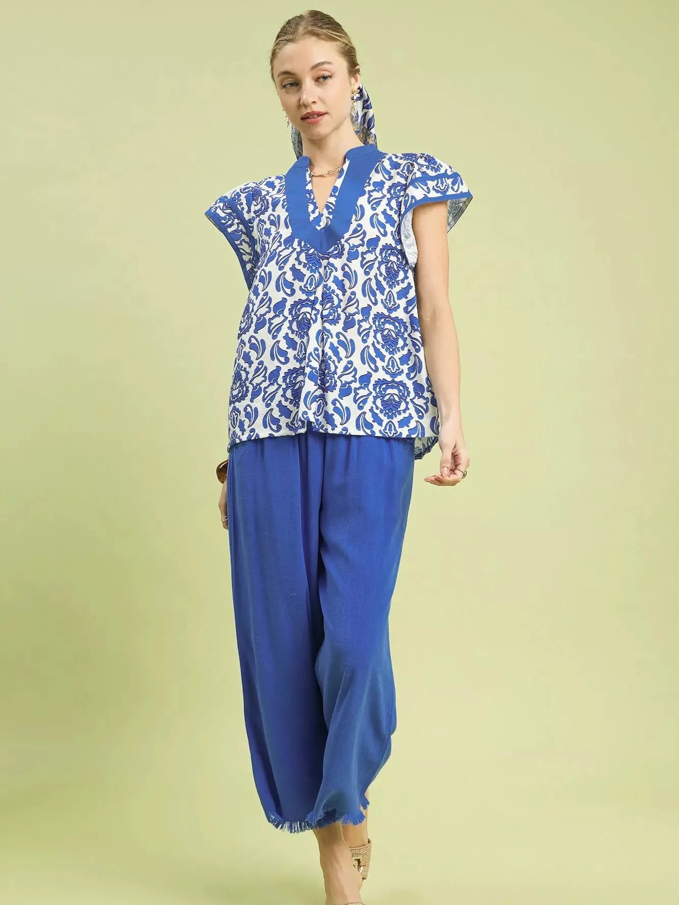Umgee Abstract Petalwave Ruffle Sleeve Floral Blouse in Blue-Women's Shirts & Tops-Shop Z & Joxa