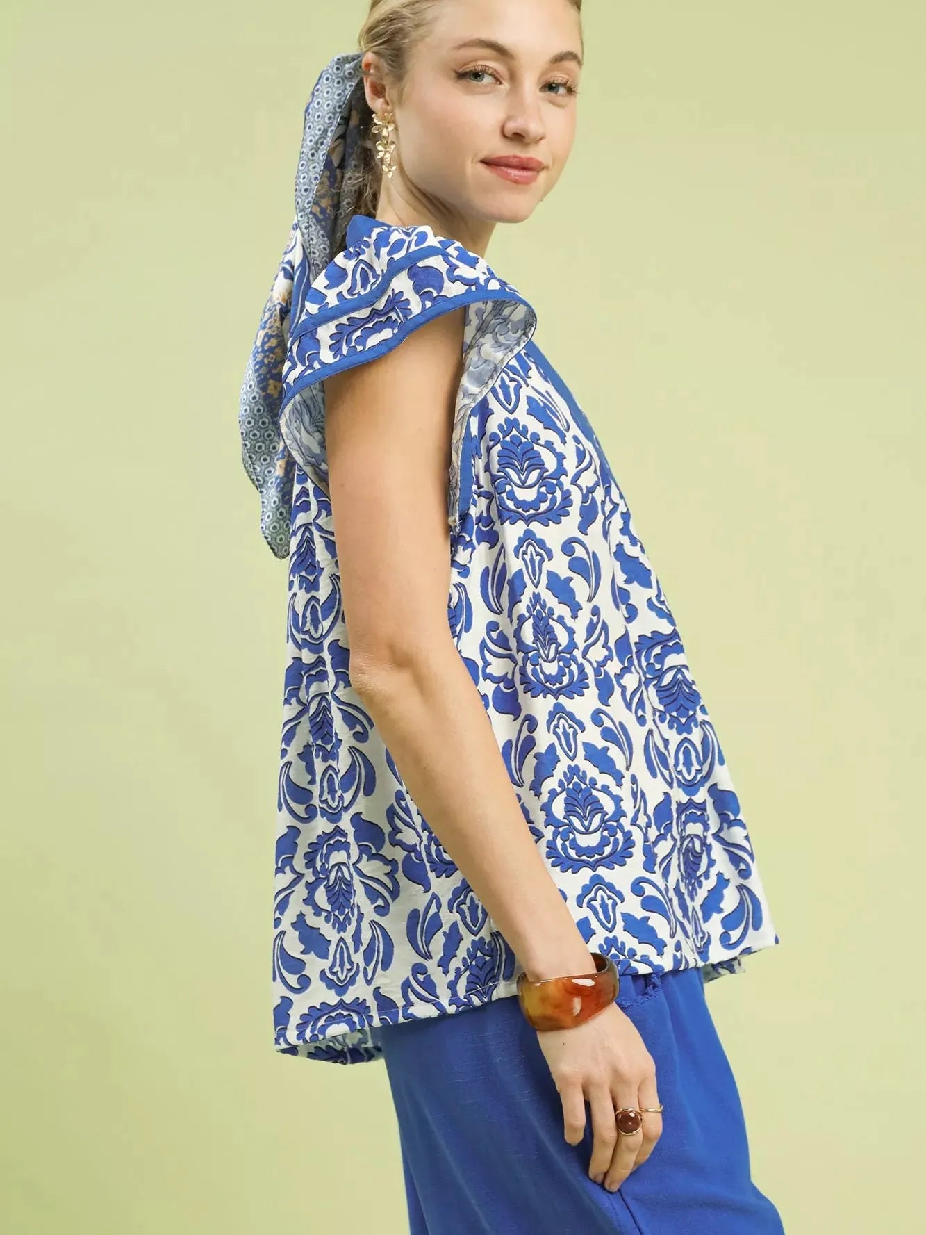 Umgee Abstract Petalwave Ruffle Sleeve Floral Blouse in Blue-Women's Shirts & Tops-Shop Z & Joxa