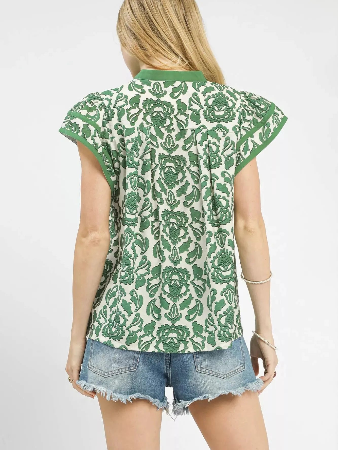 Umgee Abstract Petalwave Ruffle Sleeve Floral Blouse in Green-Women's Shirts & Tops-Shop Z & Joxa