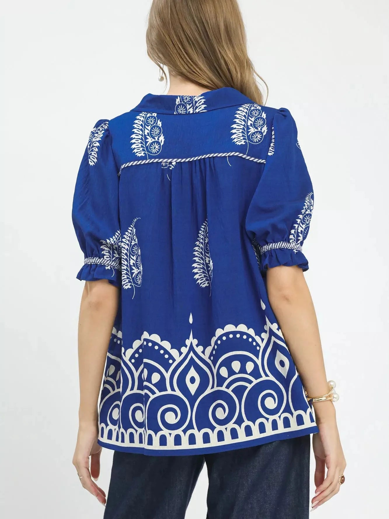 Umgee Azure Charm Printed Puff Sleeve Split Neck Top-Women's Shirts & Tops-Shop Z & Joxa