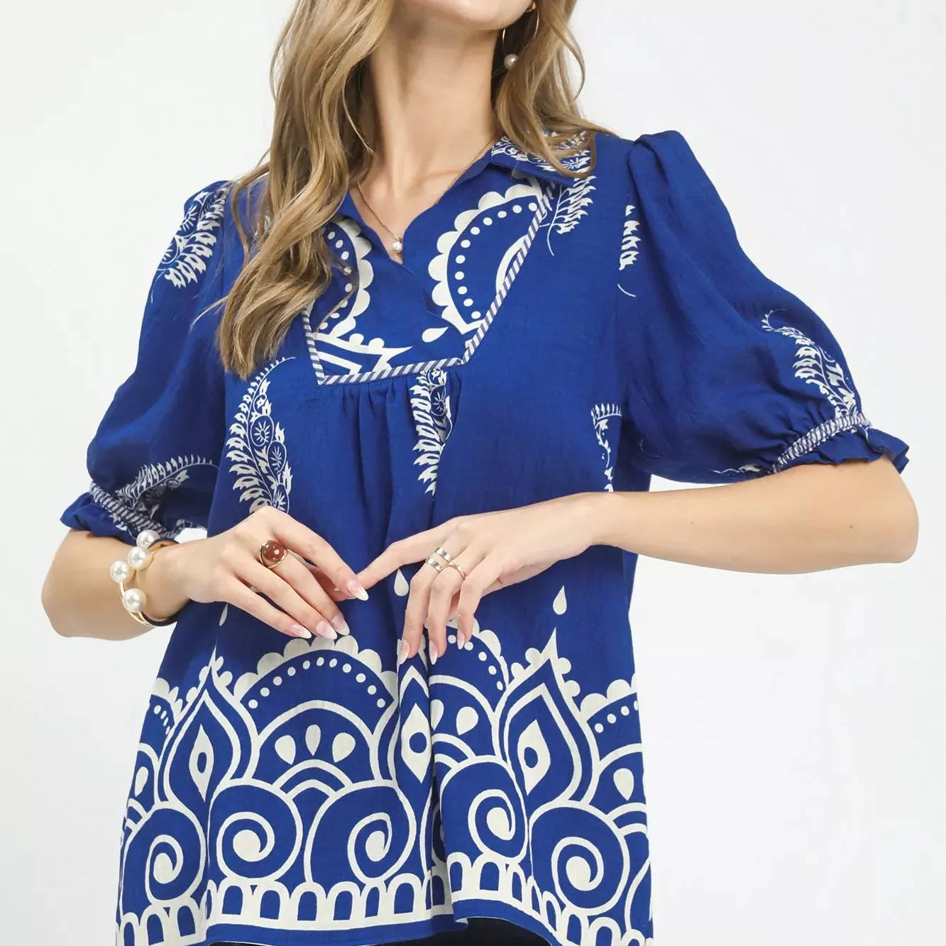 Umgee Azure Charm Printed Puff Sleeve Split Neck Top-Women's Shirts & Tops-Shop Z & Joxa