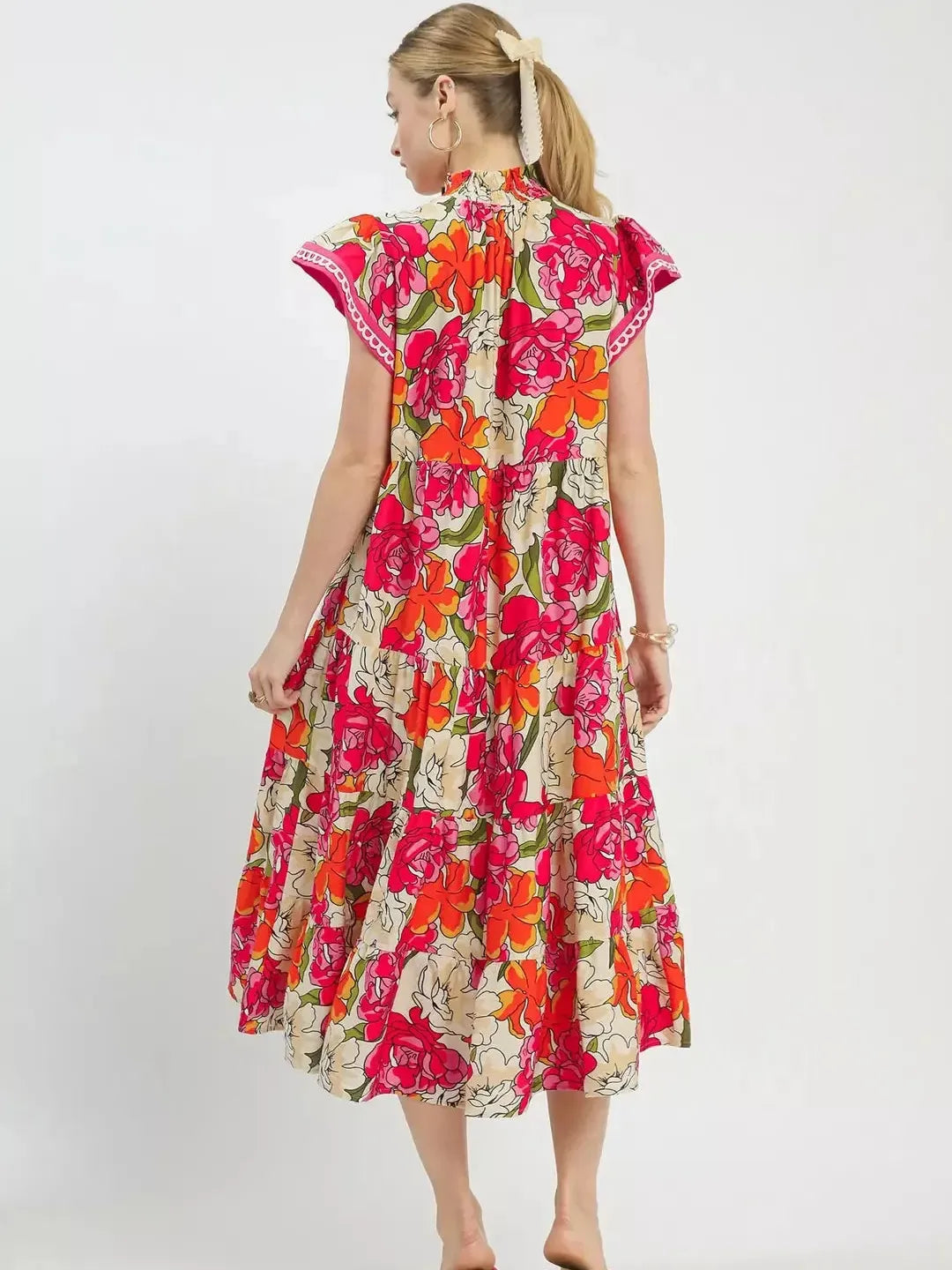 Umgee Berry Bloom Bold Floral Tiered Midi Dress-Women's Dresses-Shop Z & Joxa