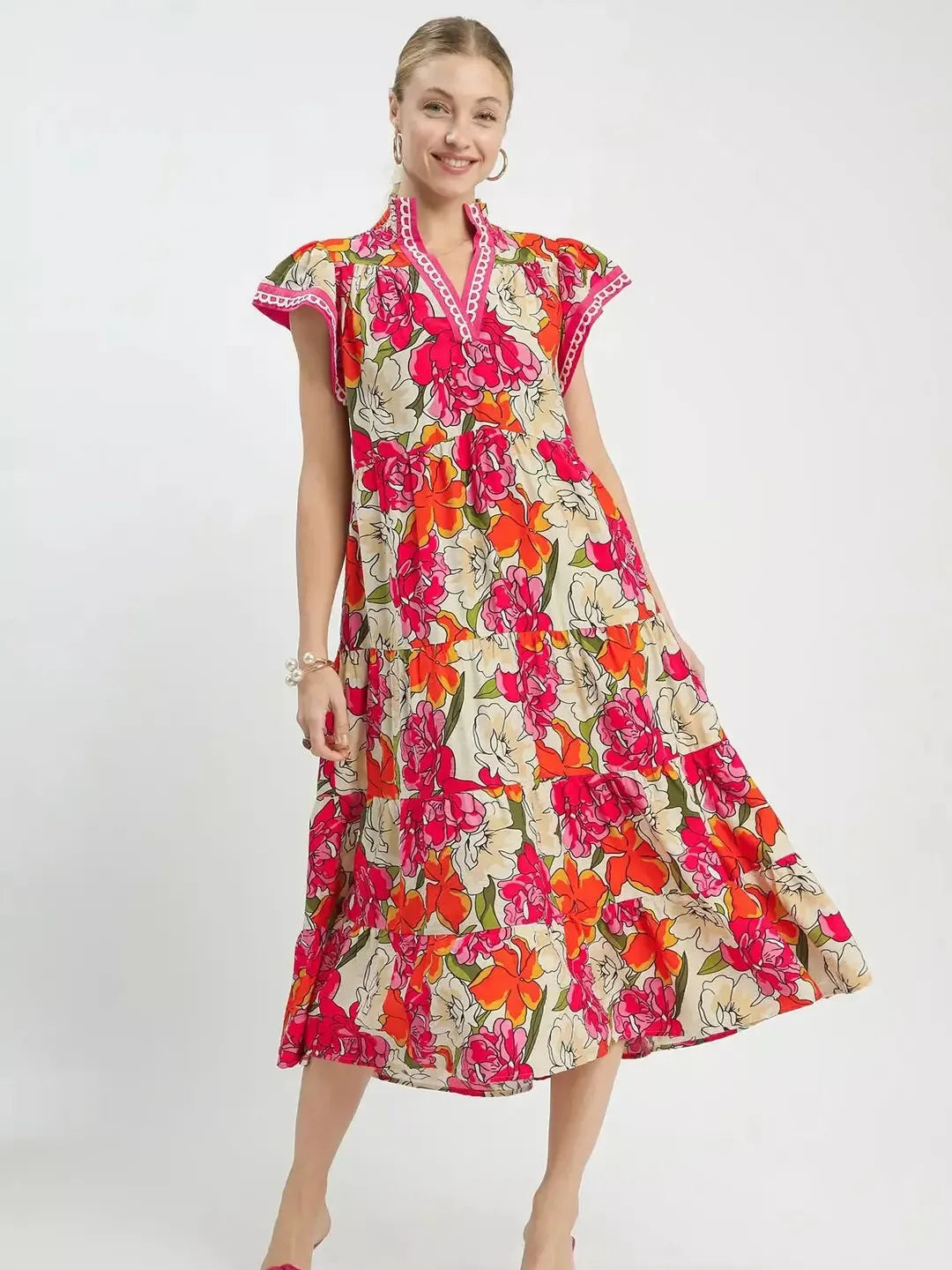 Umgee Berry Bloom Bold Floral Tiered Midi Dress-Women's Dresses-Shop Z & Joxa