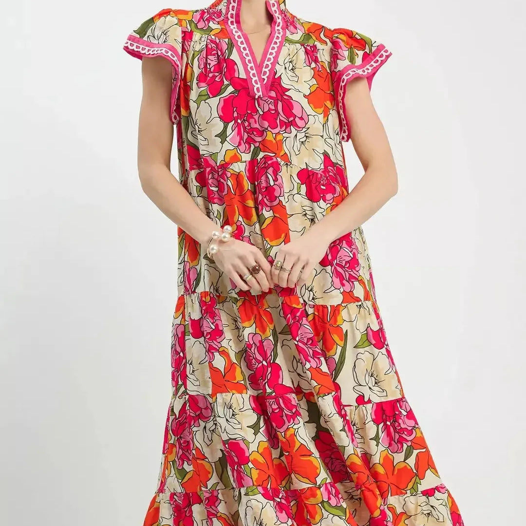 Umgee Berry Bloom Bold Floral Tiered Midi Dress-Women's Dresses-Shop Z & Joxa
