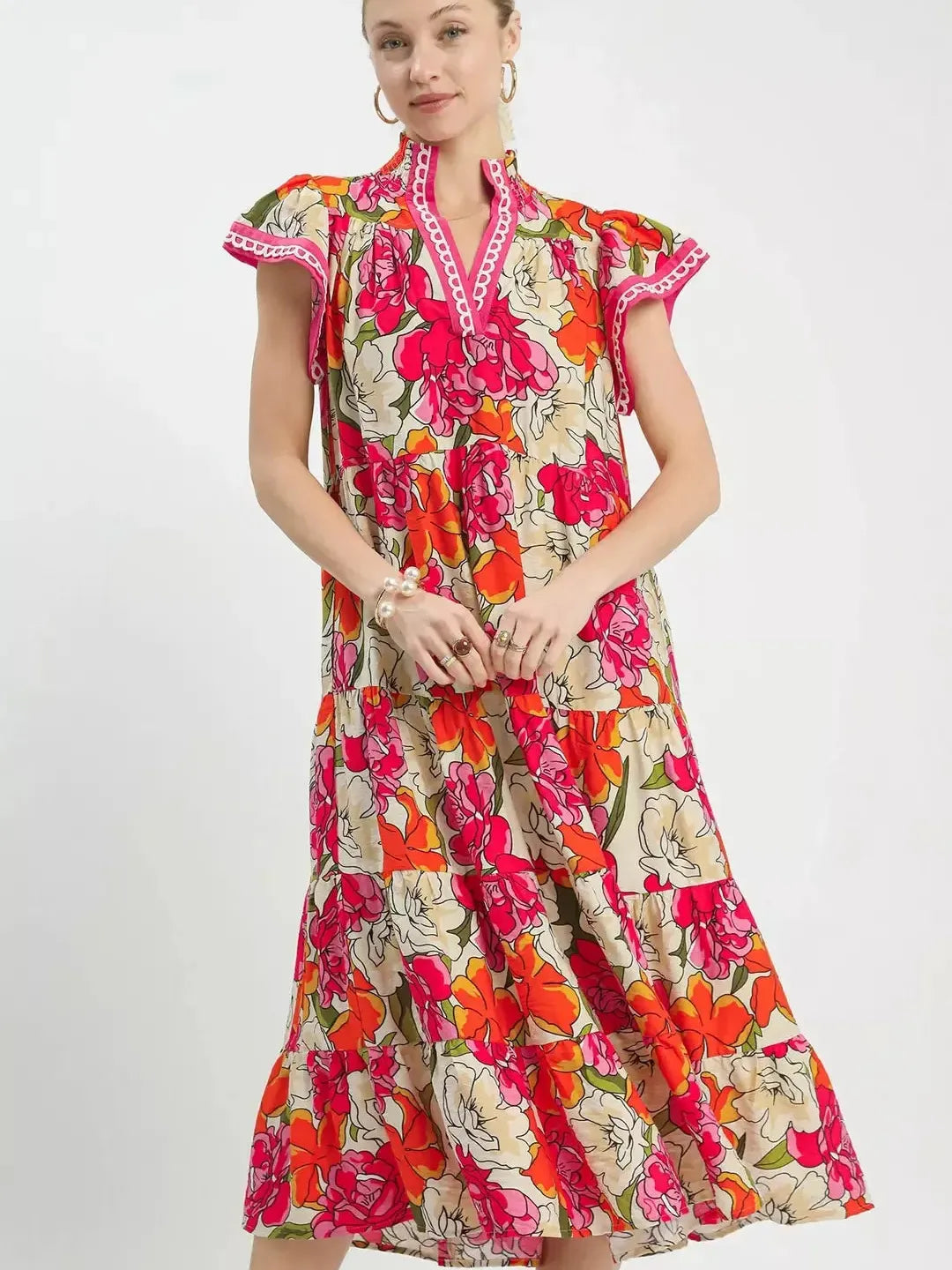 Umgee Berry Bloom Bold Floral Tiered Midi Dress-Women's Dresses-Shop Z & Joxa