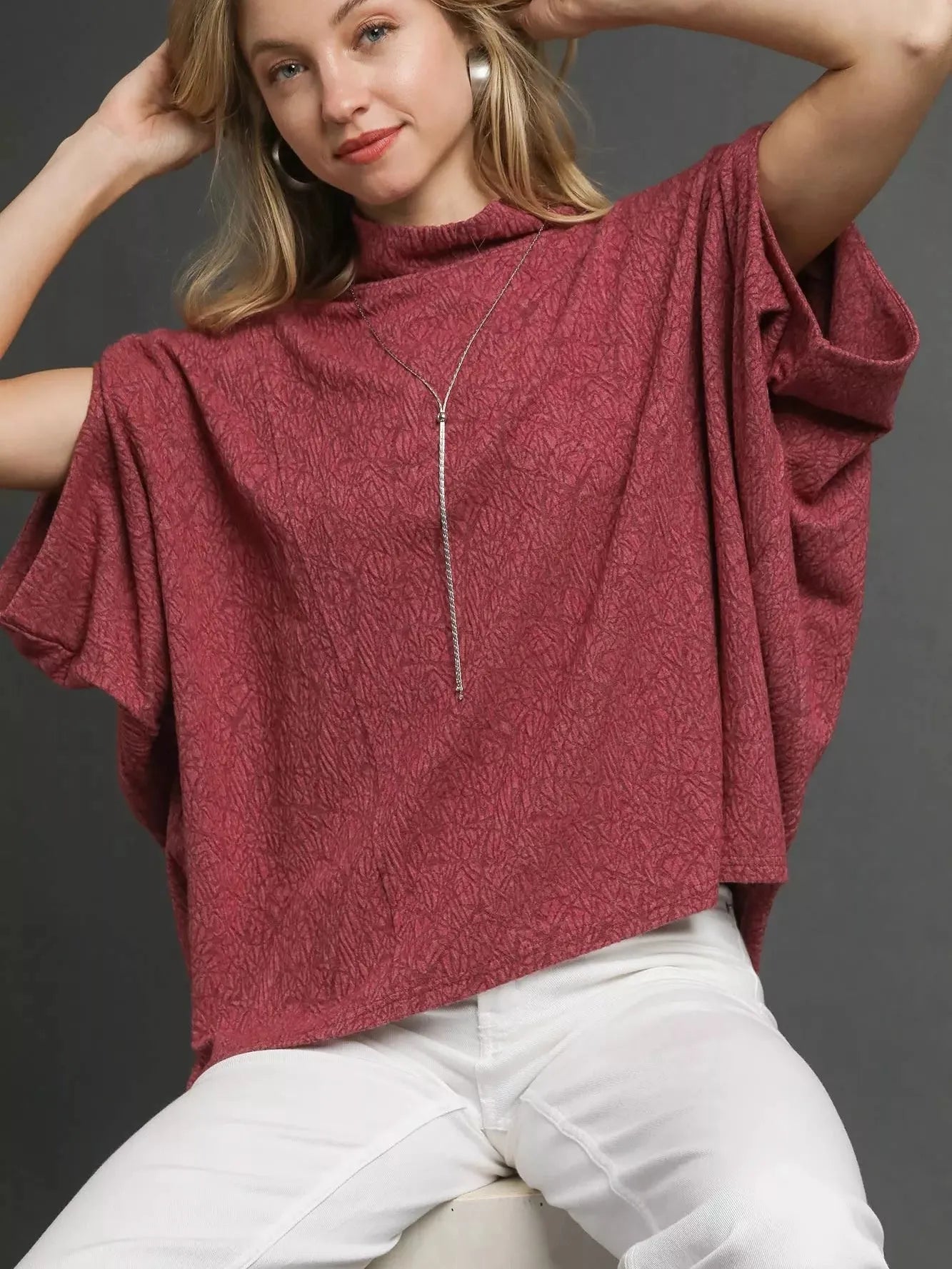 Umgee Berry Haze Textured Dohlman Sleeve Relaxed Top-Women's Shirts & Tops-Shop Z & Joxa
