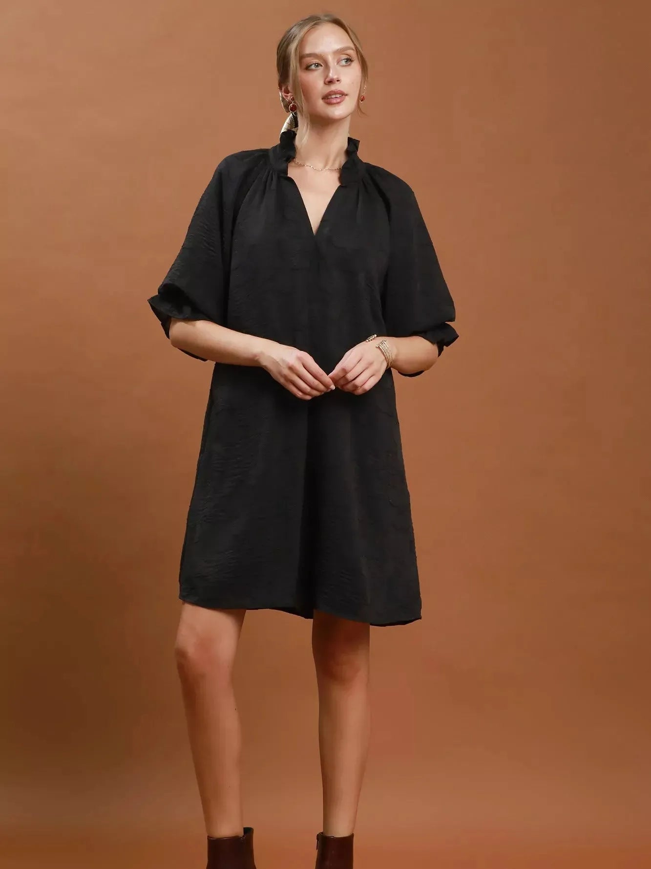 Umgee Black Dahlia Floral Textured Jacquard Mini Dress-Women's Dresses-Shop Z & Joxa