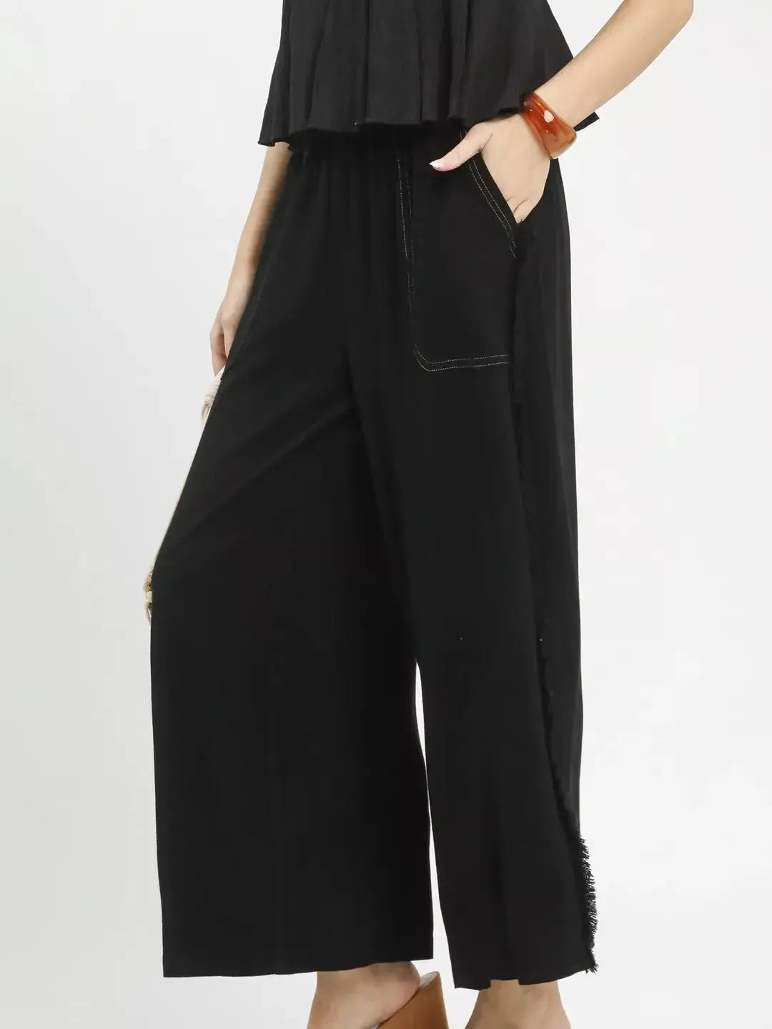 Umgee Black Horizon Linen Frayed Side Pocket Wide Leg Pants-Women's Pants-Shop Z & Joxa