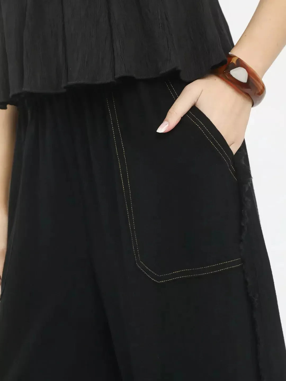 Umgee Black Horizon Linen Frayed Side Pocket Wide Leg Pants-Women's Pants-Shop Z & Joxa