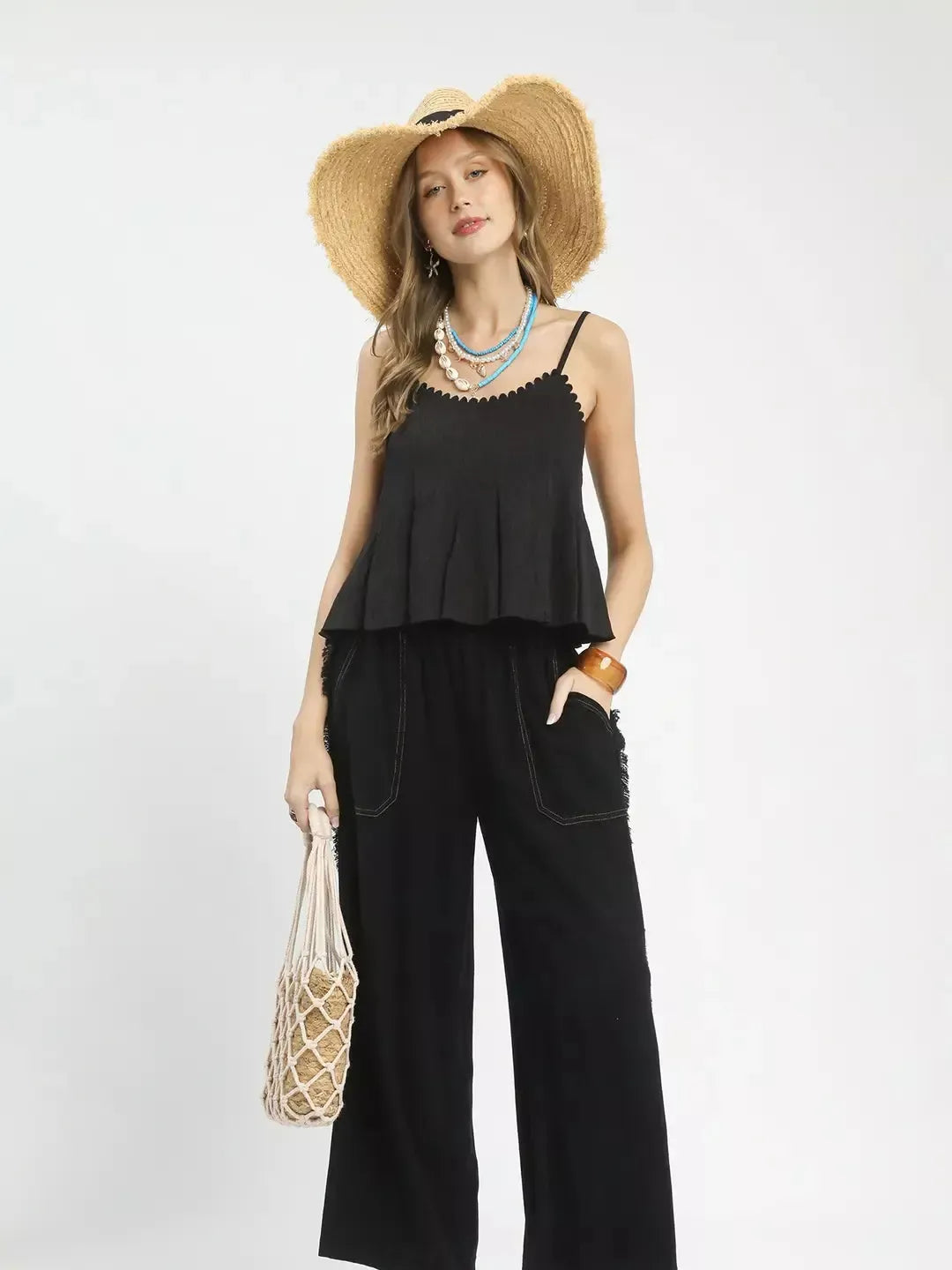 Umgee Black Horizon Linen Frayed Side Pocket Wide Leg Pants-Women's Pants-Shop Z & Joxa