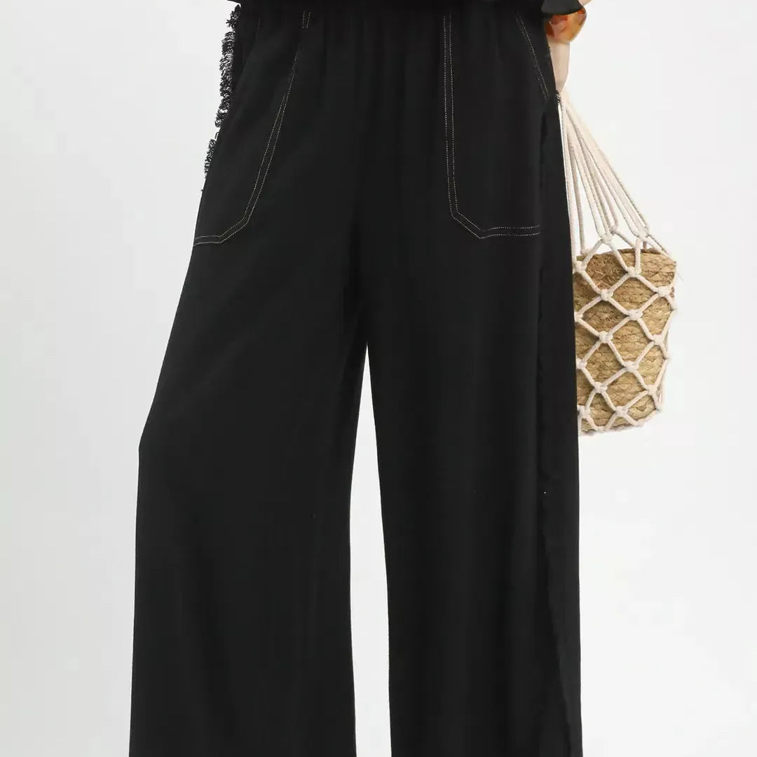 Umgee Black Horizon Linen Frayed Side Pocket Wide Leg Pants-Women's Pants-Shop Z & Joxa