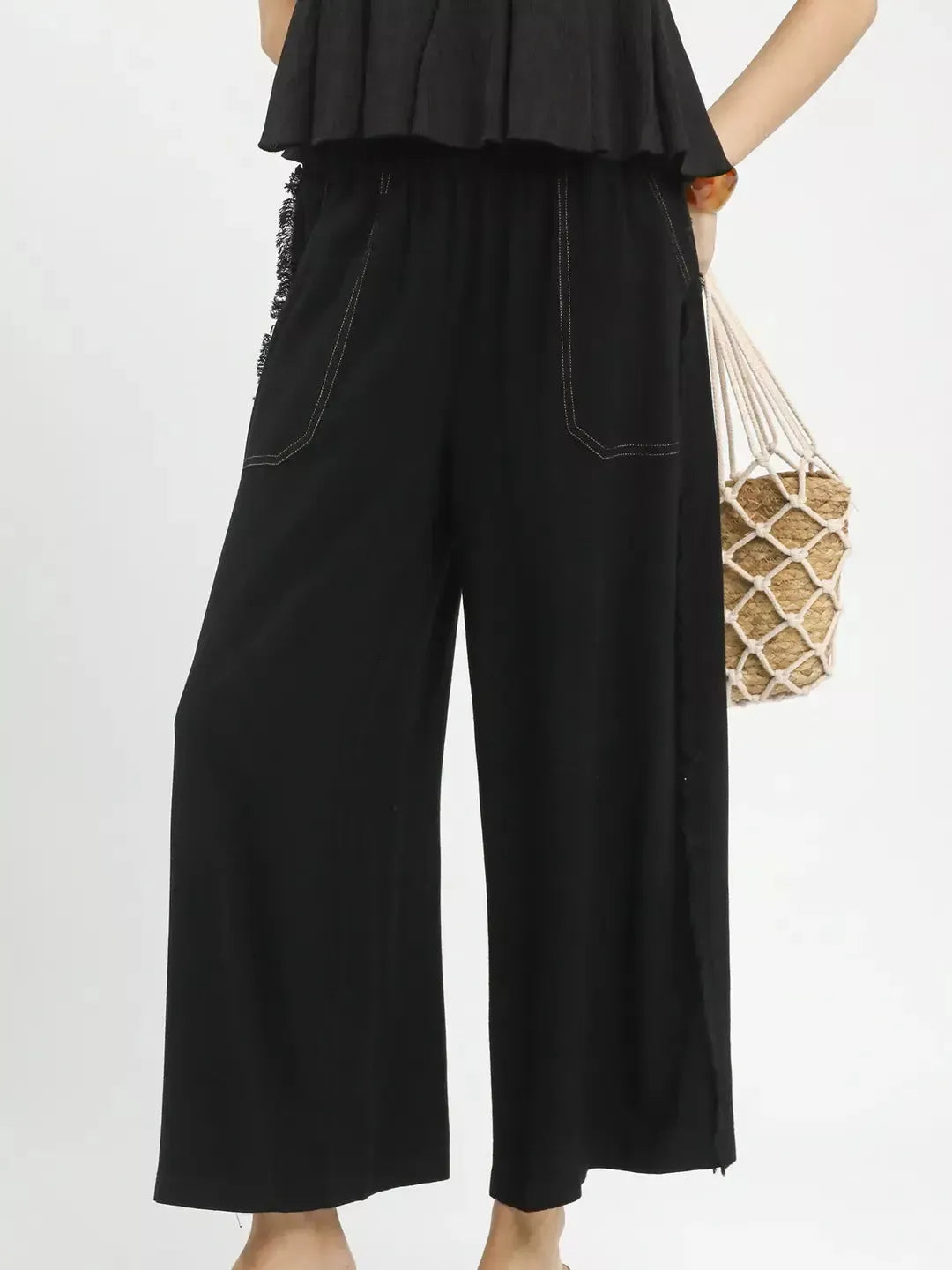 Umgee Black Horizon Linen Frayed Side Pocket Wide Leg Pants-Women's Pants-Shop Z & Joxa