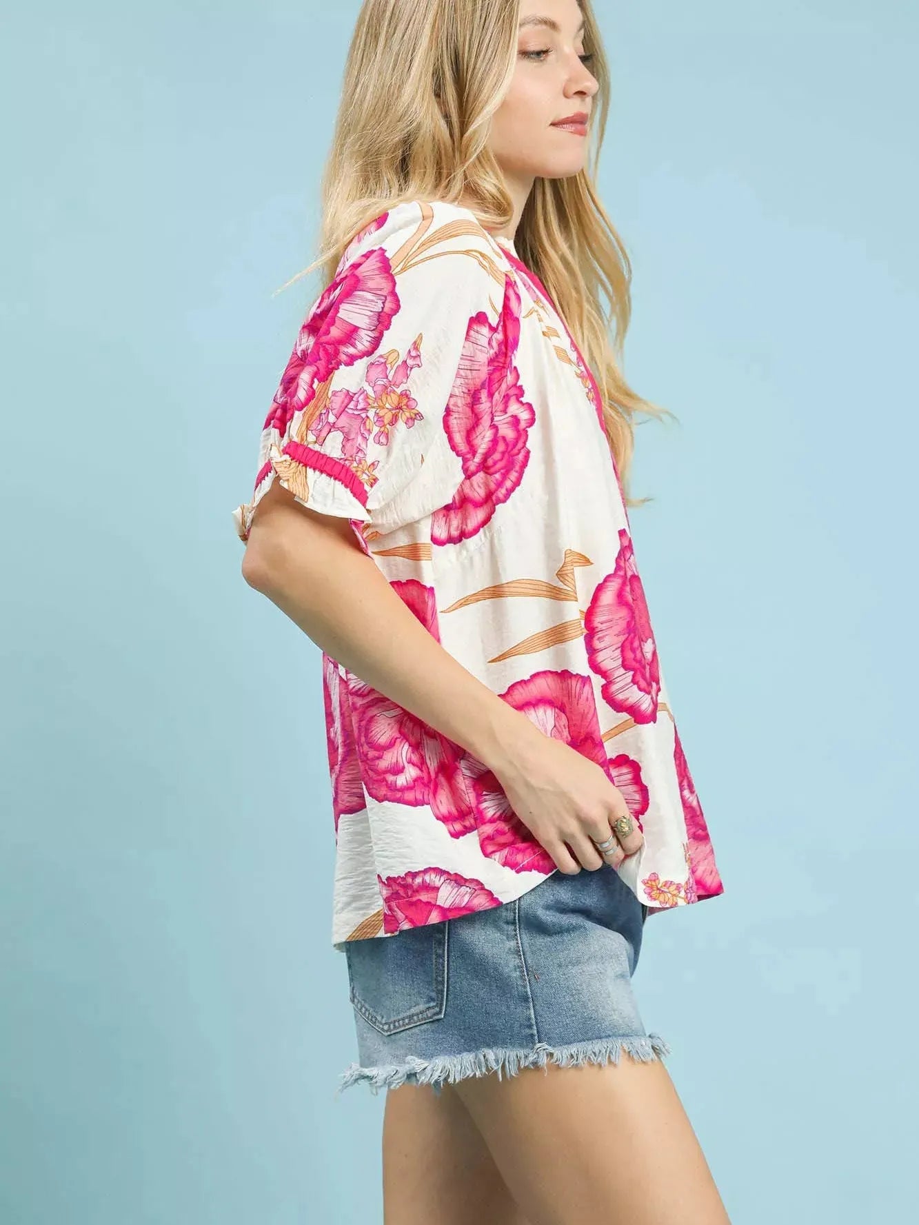 Umgee Bloomburst Pink Floral V-Neck Puff Sleeve Blouse-Women's Shirts & Tops-Shop Z & Joxa