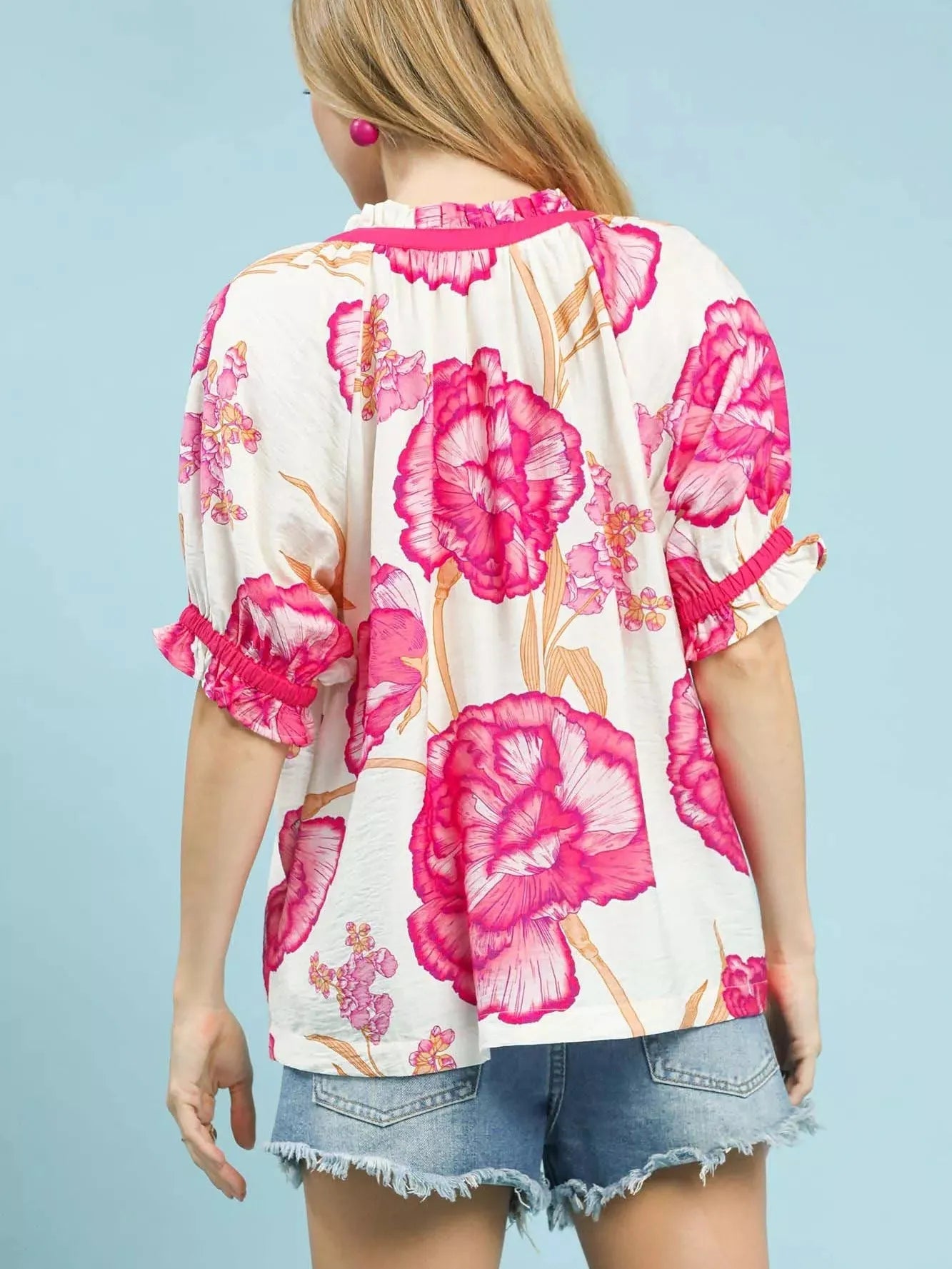 Umgee Bloomburst Pink Floral V-Neck Puff Sleeve Blouse-Women's Shirts & Tops-Shop Z & Joxa