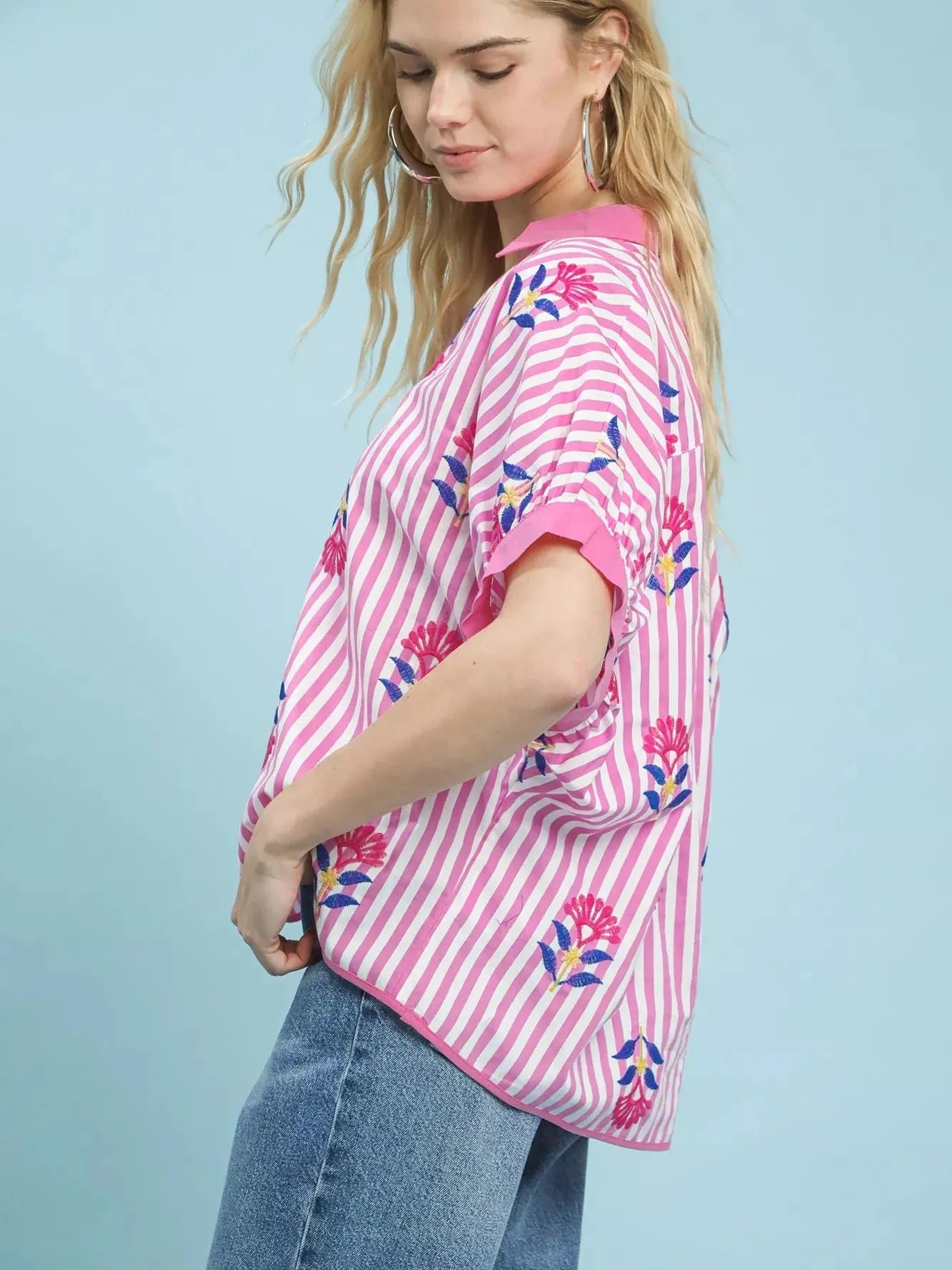 Umgee Blossom Lines Stripe Floral Embroidered Boho Blouse-Women's Shirts & Tops-Shop Z & Joxa