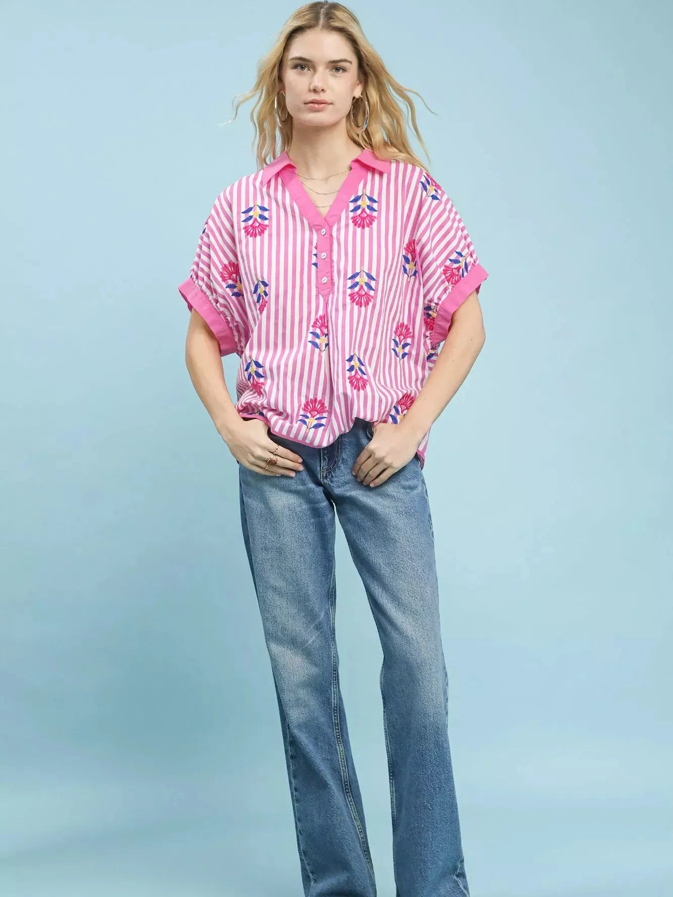 Umgee Blossom Lines Stripe Floral Embroidered Boho Blouse-Women's Shirts & Tops-Shop Z & Joxa