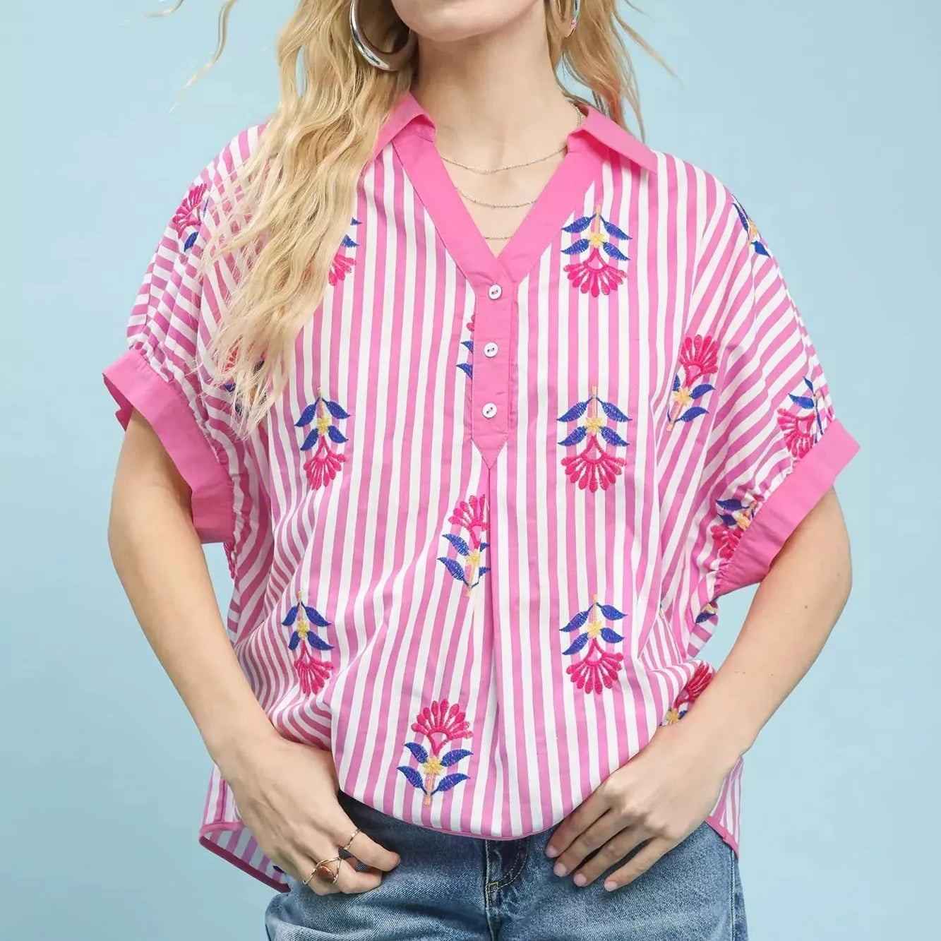 Umgee Blossom Lines Stripe Floral Embroidered Boho Blouse-Women's Shirts & Tops-Shop Z & Joxa