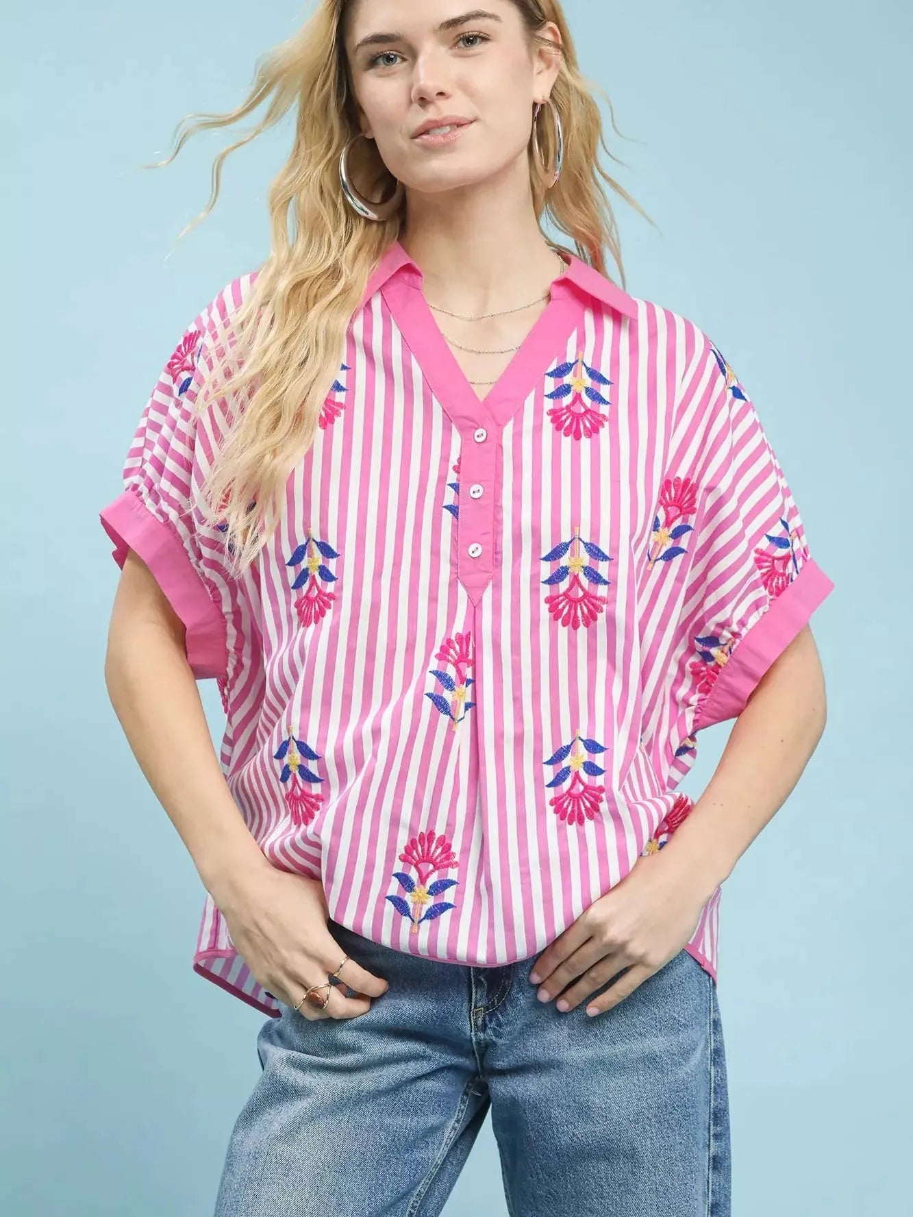 Umgee Blossom Lines Stripe Floral Embroidered Boho Blouse-Women's Shirts & Tops-Shop Z & Joxa