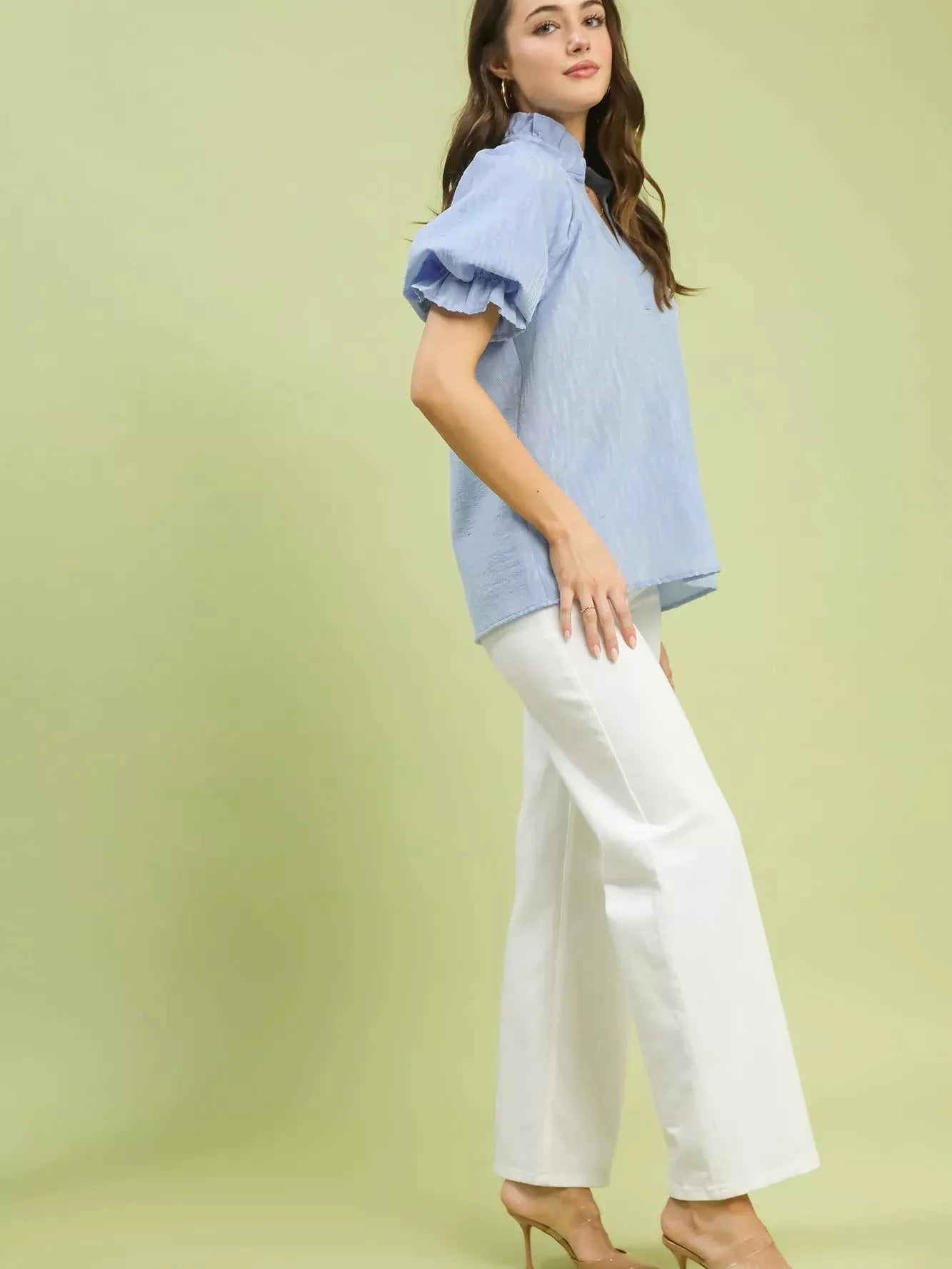 Umgee Blue Darling Textured Puff Sleeve Split Neck Top-Women's Shirts & Tops-Shop Z & Joxa