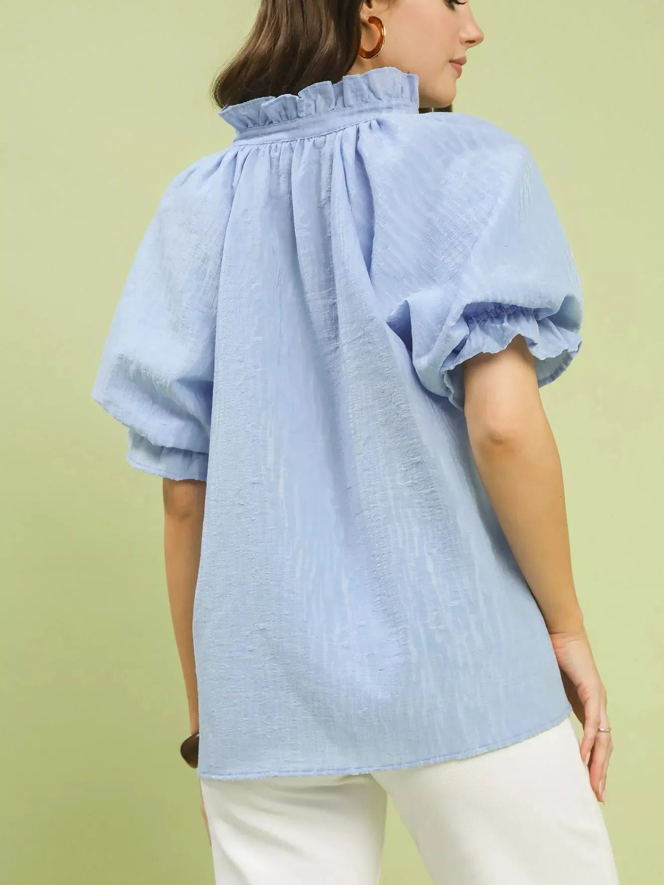 Umgee Blue Darling Textured Puff Sleeve Split Neck Top-Women's Shirts & Tops-Shop Z & Joxa