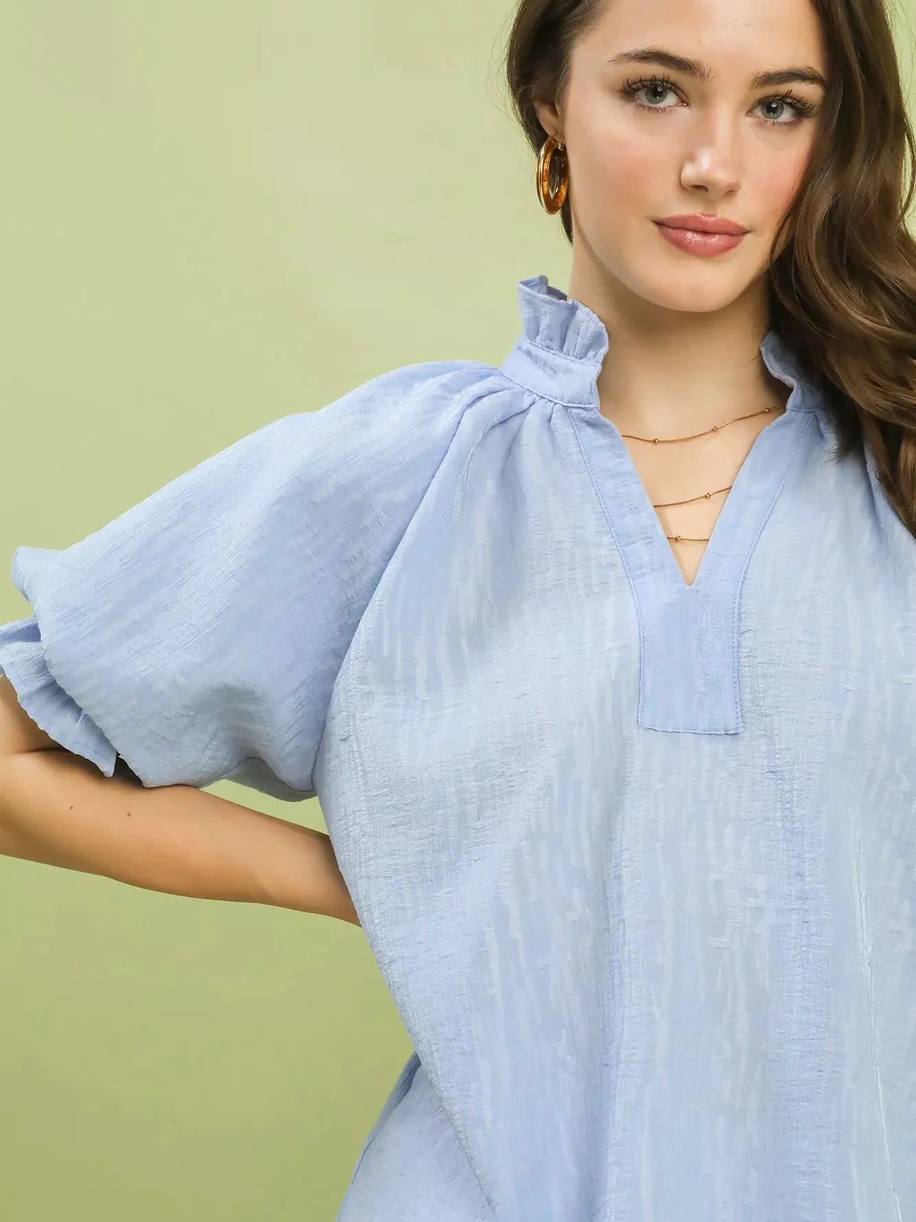 Umgee Blue Darling Textured Puff Sleeve Split Neck Top-Women's Shirts & Tops-Shop Z & Joxa