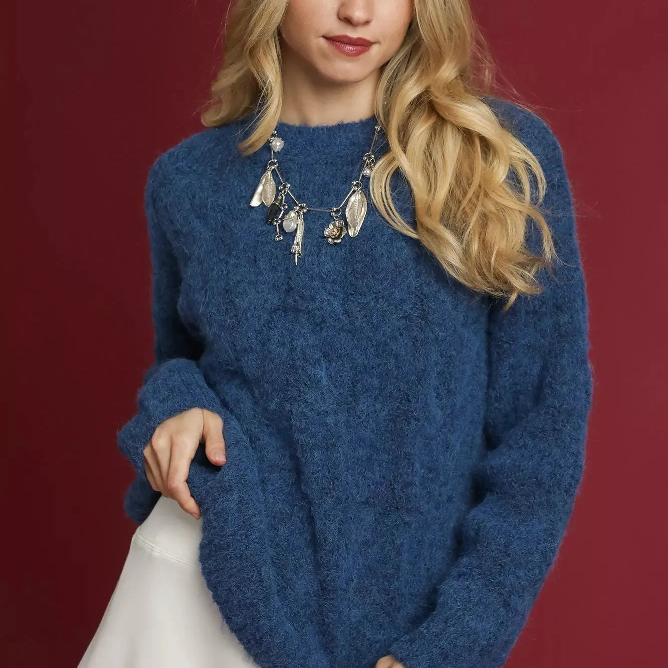 Umgee Blue Haze Cozy Cable Knit Sweater-Women's Shirts & Tops-Shop Z & Joxa