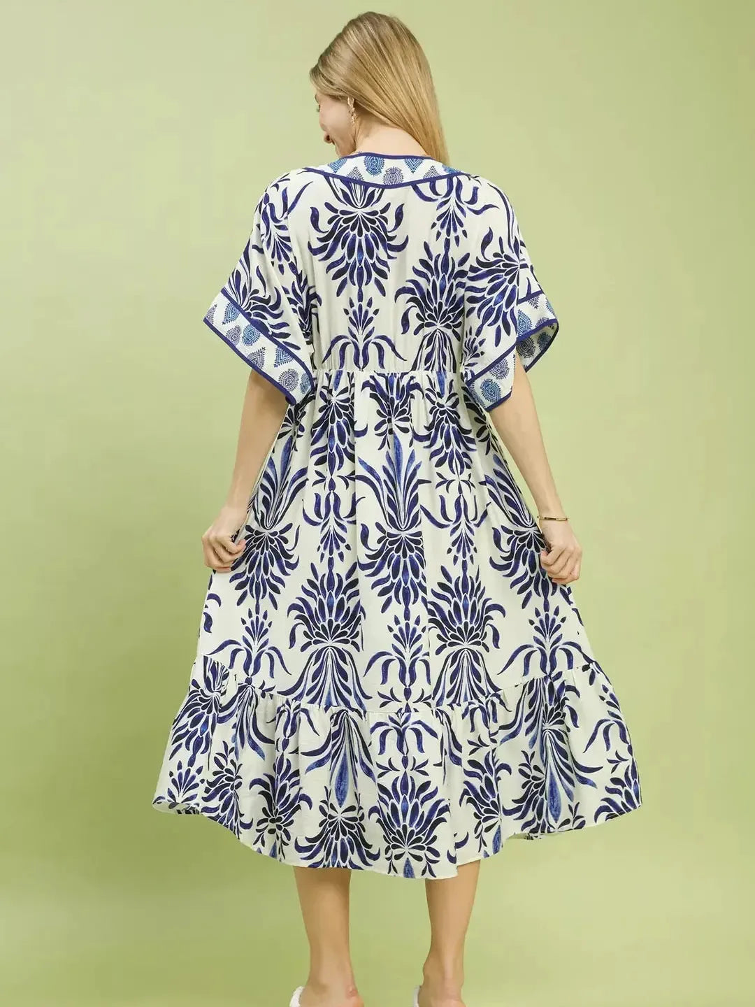 Umgee Blue Meadow Floral Mix Midi Dress with Pockets-Women's Dresses-Shop Z & Joxa