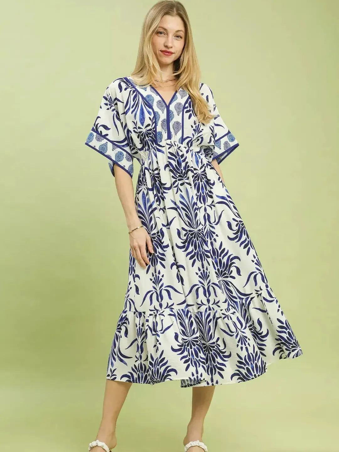 Umgee Blue Meadow Floral Mix Midi Dress with Pockets-Women's Dresses-Shop Z & Joxa