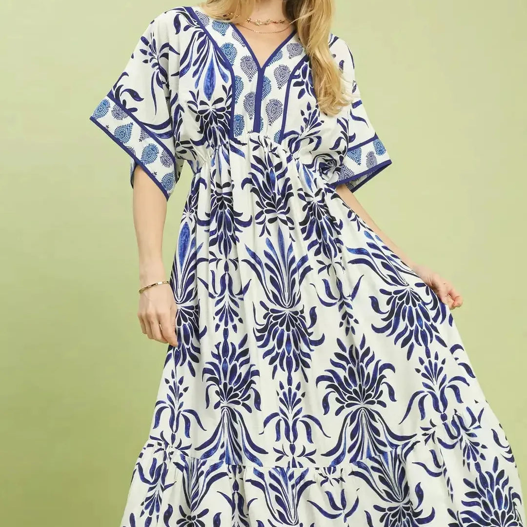 Umgee Blue Meadow Floral Mix Midi Dress with Pockets-Women's Dresses-Shop Z & Joxa