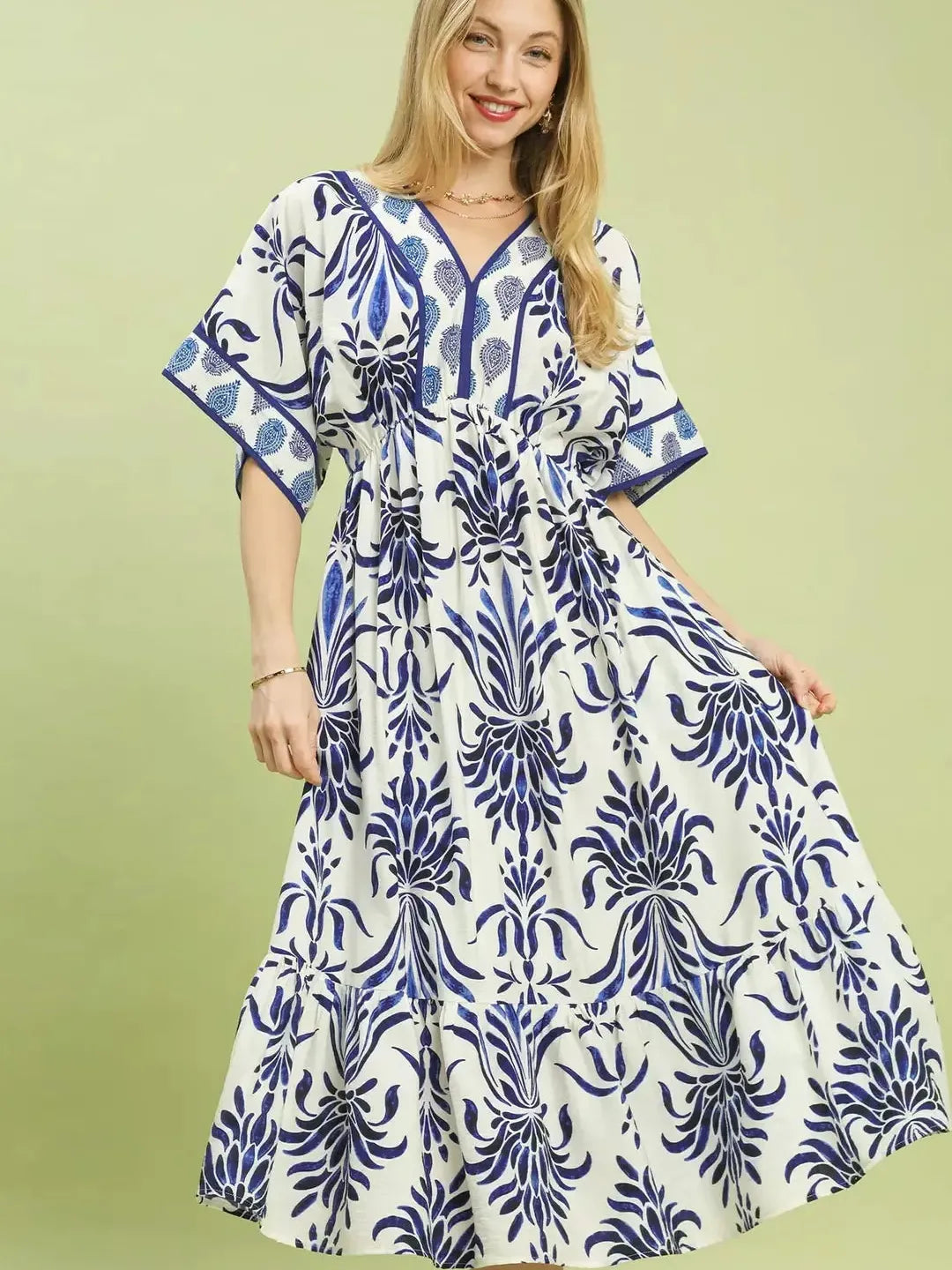 Umgee Blue Meadow Floral Mix Midi Dress with Pockets-Women's Dresses-Shop Z & Joxa