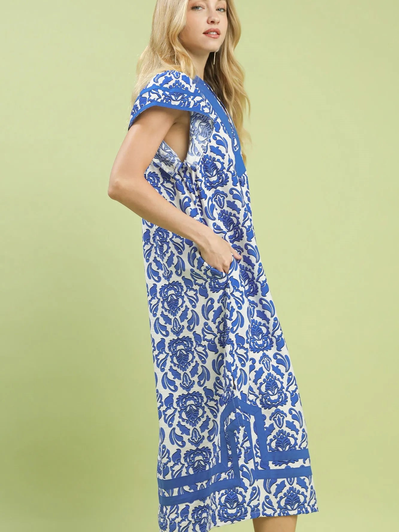 Umgee Blue Mirage Abstract Two Tone Print Midi Dress-Women's Dresses-Shop Z & Joxa